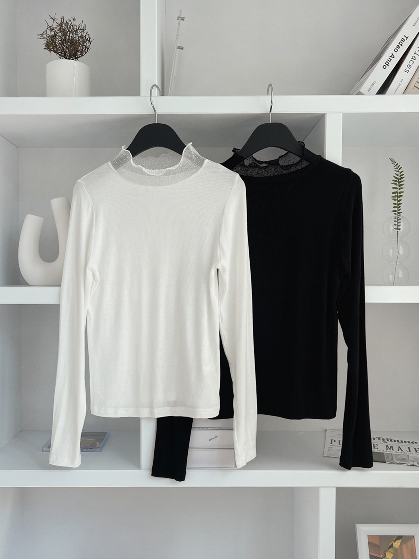 レースコンビハーフネックリンクルスリム長袖無地Tシャツ | 詳細画像18