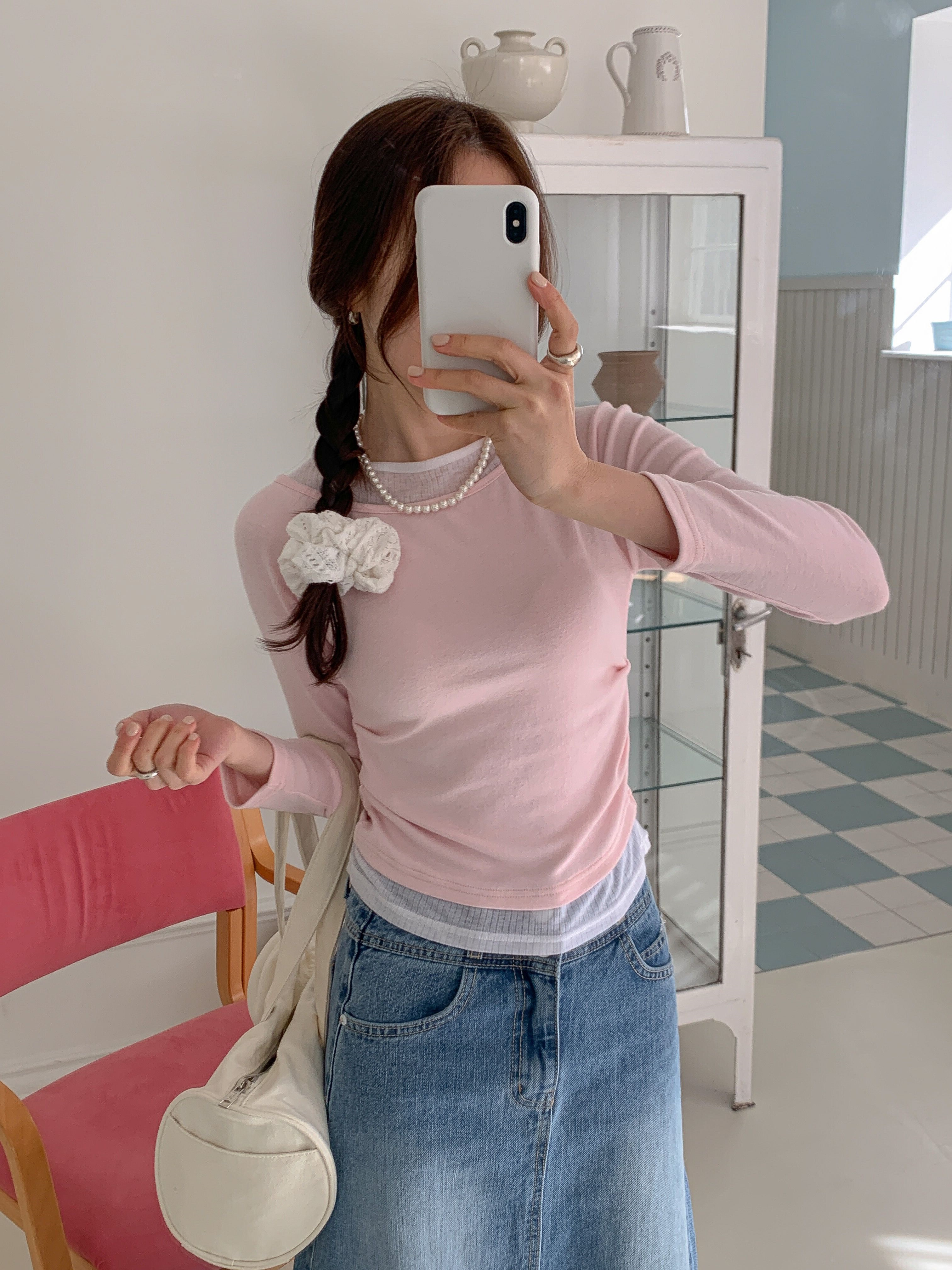 コンビボートネックシャーリングラグランレイヤード風長袖無地Tシャツ | 詳細画像2