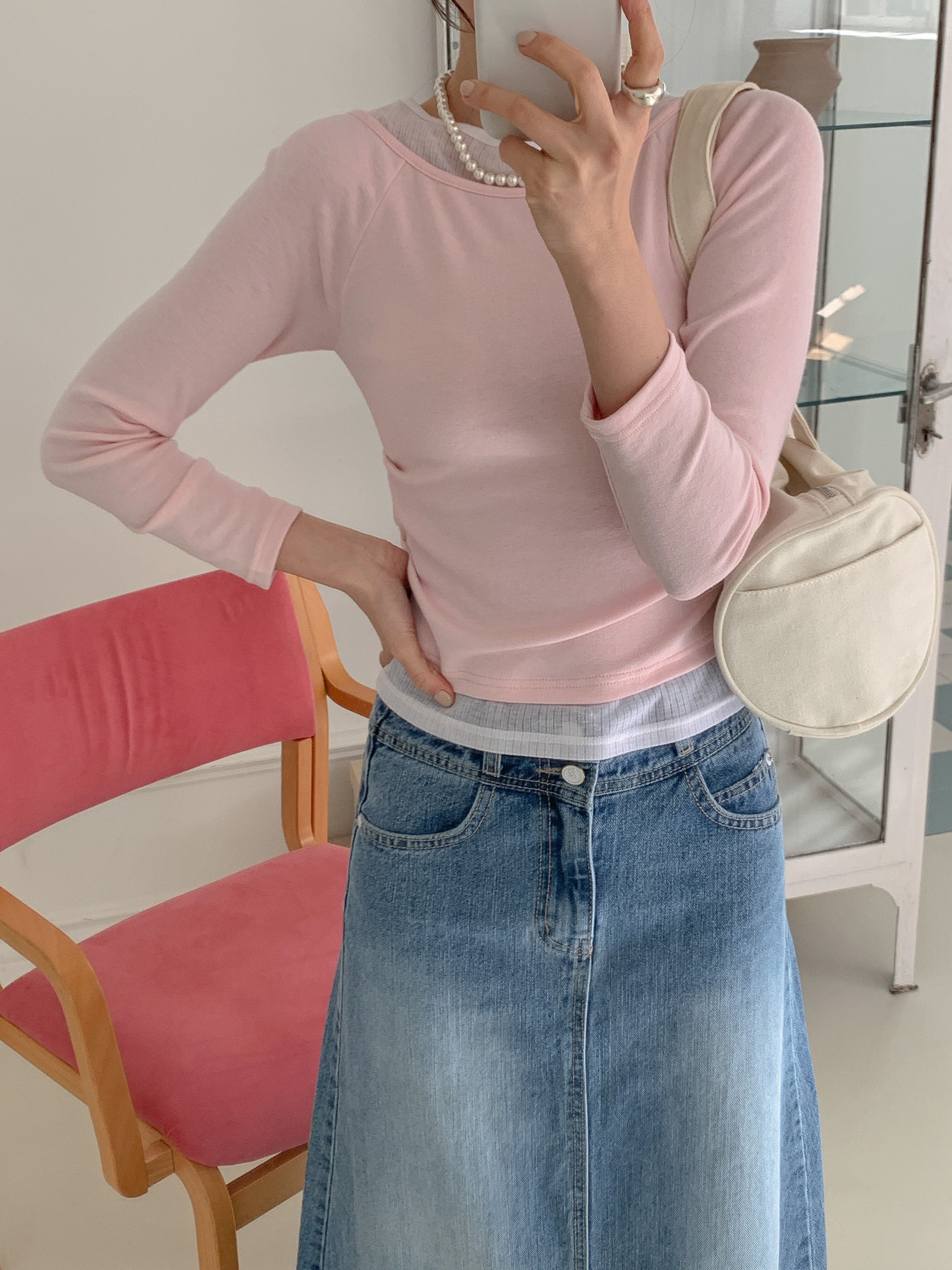 コンビボートネックシャーリングラグランレイヤード風長袖無地Tシャツ | 詳細画像3