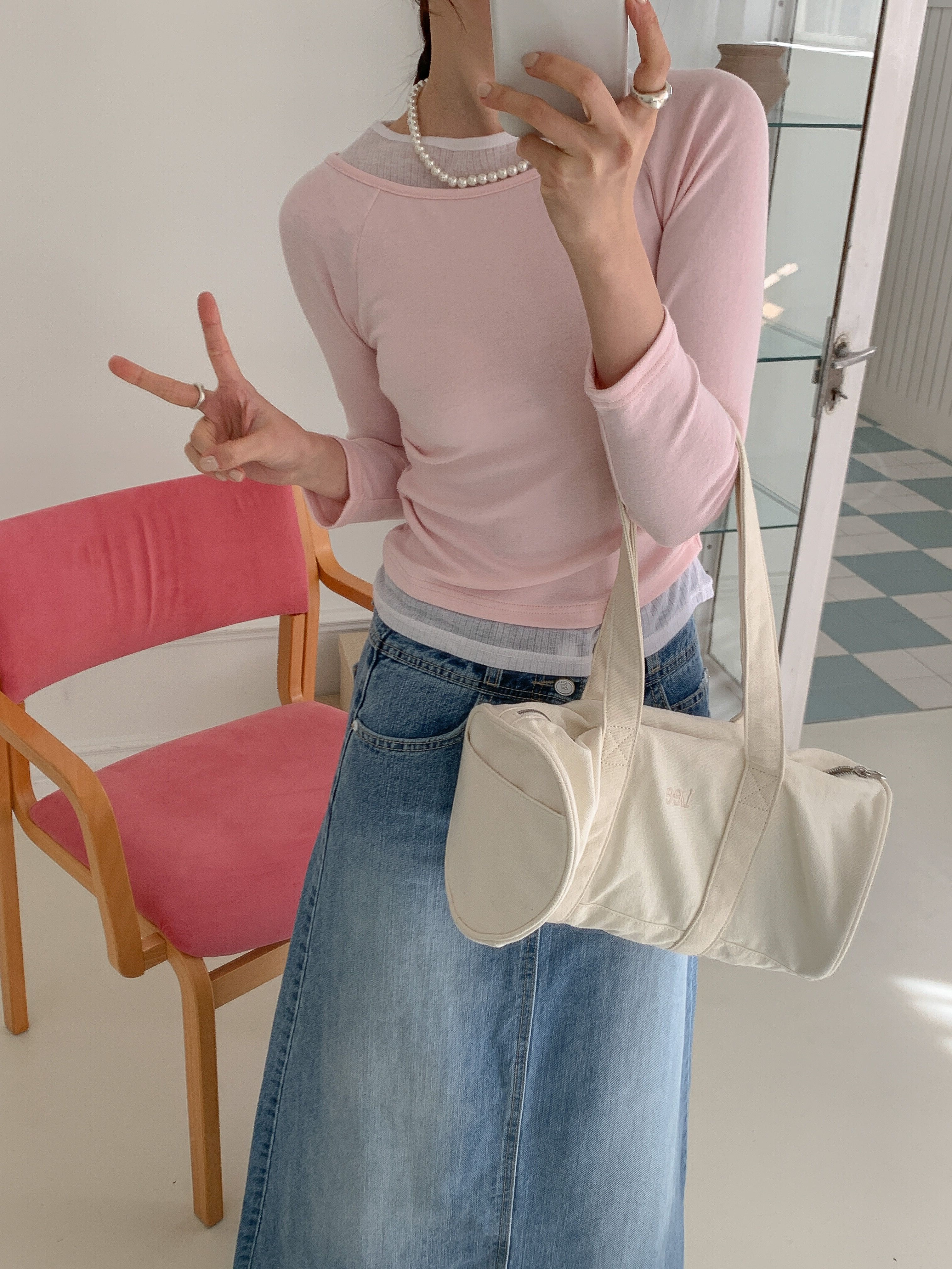 コンビボートネックシャーリングラグランレイヤード風長袖無地Tシャツ | 詳細画像4