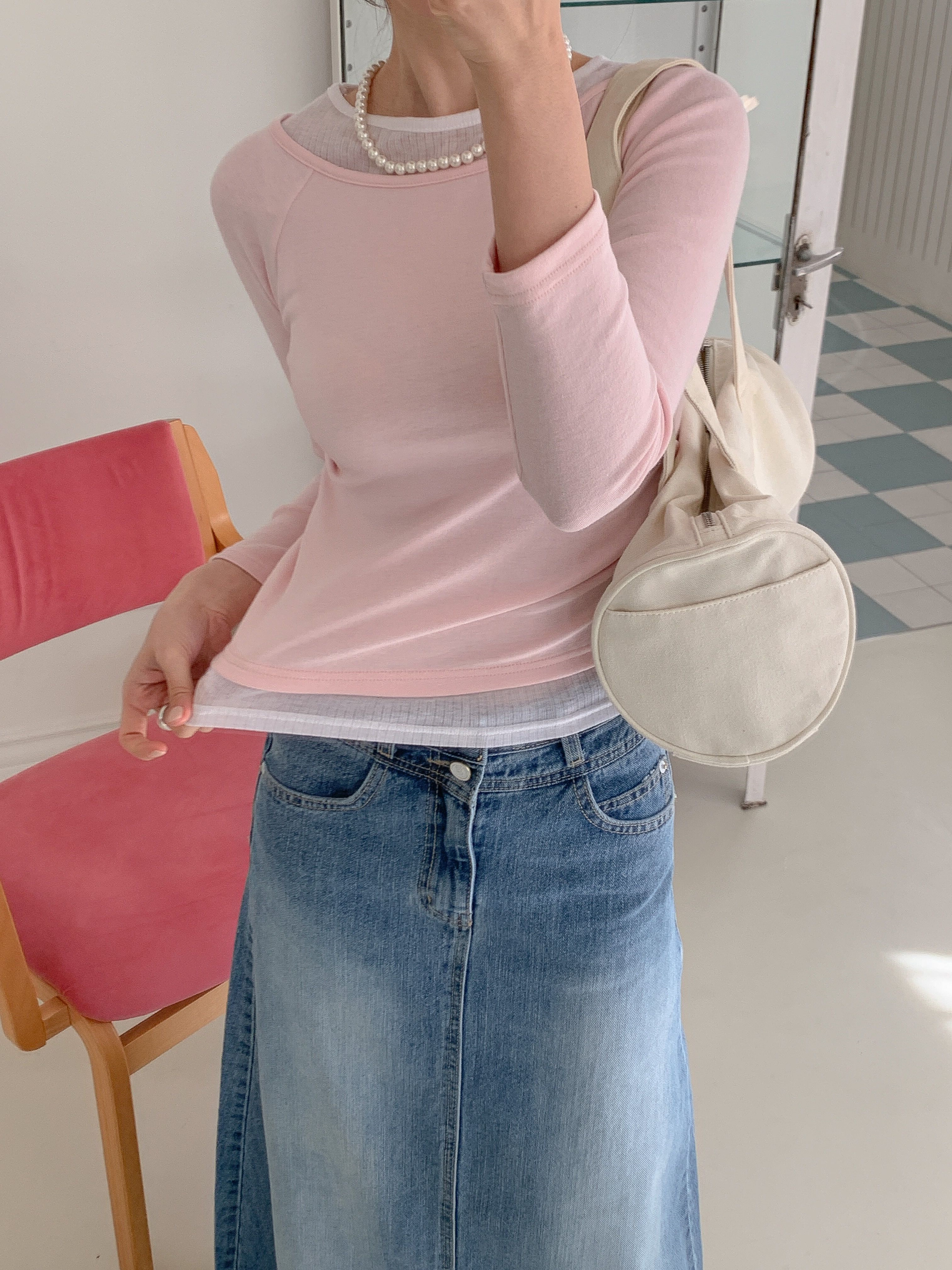 コンビボートネックシャーリングラグランレイヤード風長袖無地Tシャツ | 詳細画像13