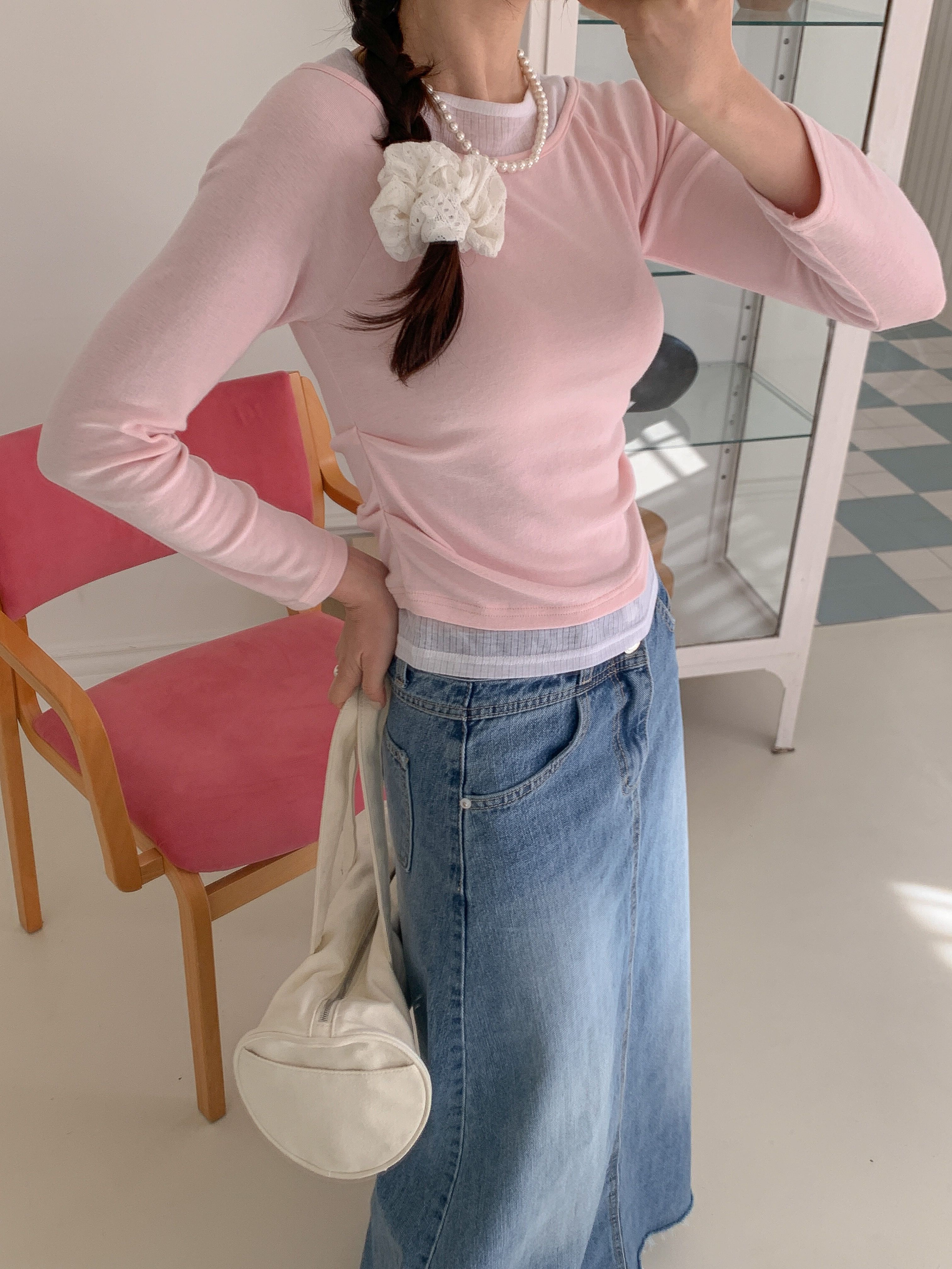 コンビボートネックシャーリングラグランレイヤード風長袖無地Tシャツ | 詳細画像14