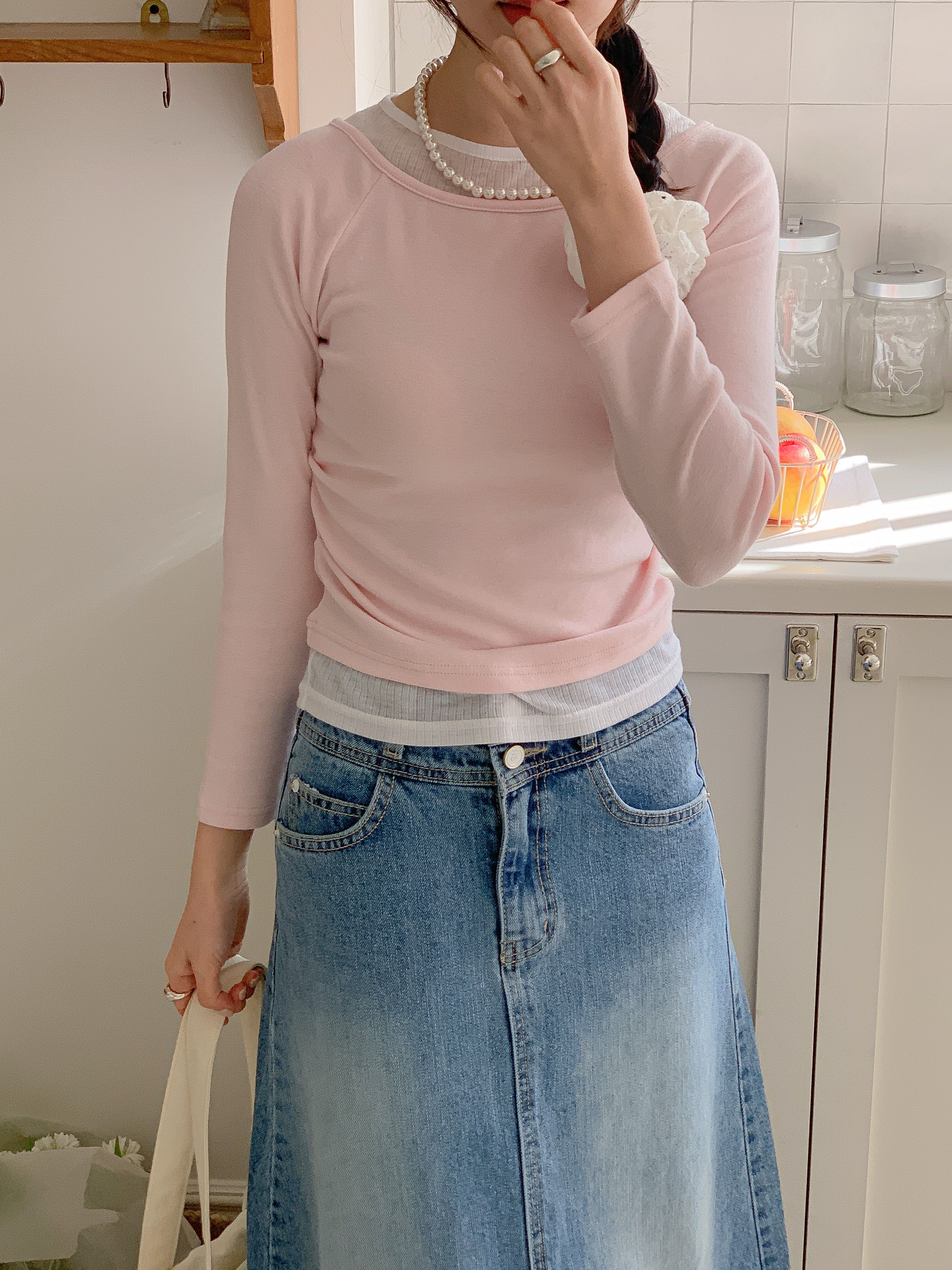 コンビボートネックシャーリングラグランレイヤード風長袖無地Tシャツ | 詳細画像17