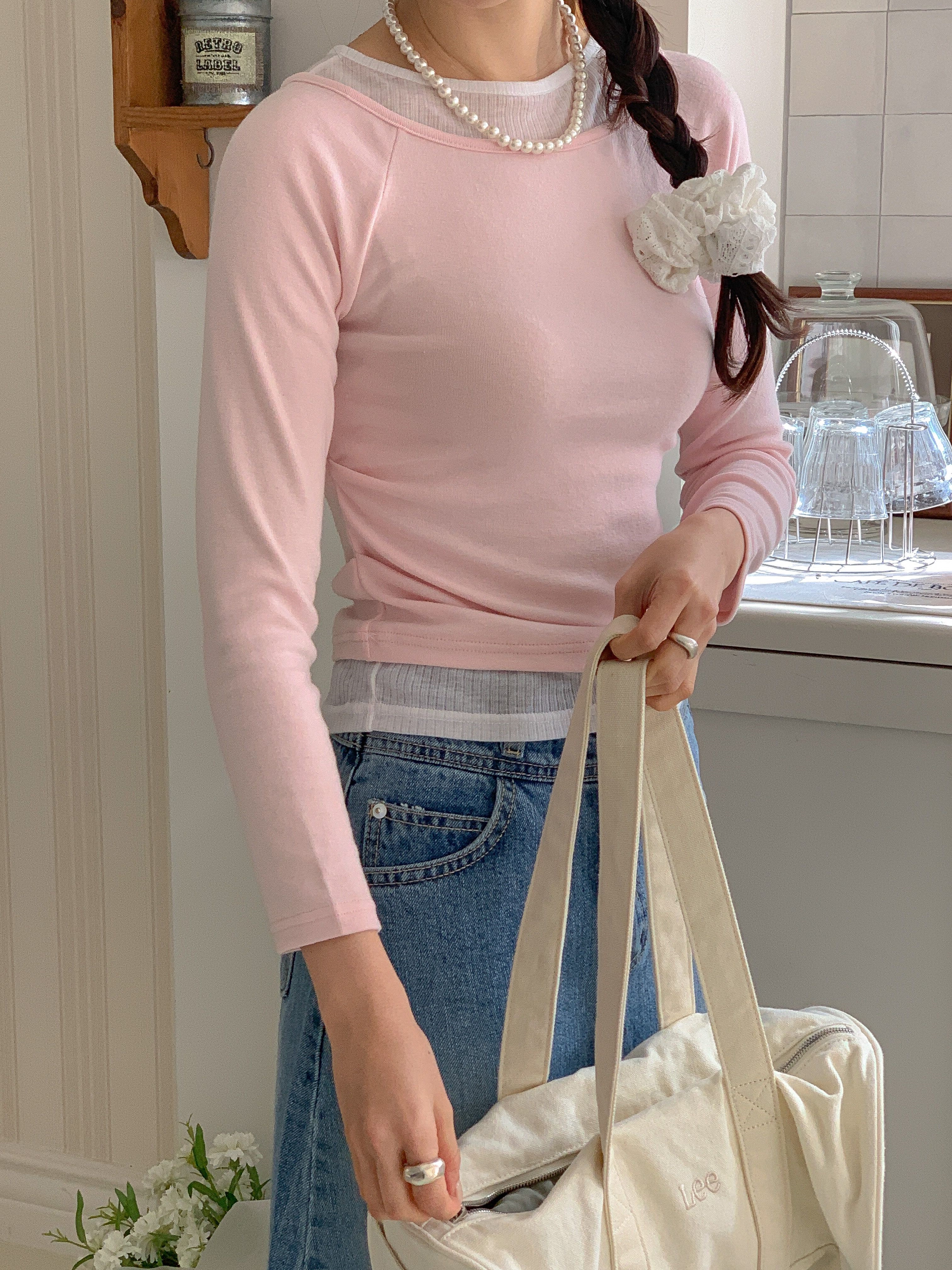 コンビボートネックシャーリングラグランレイヤード風長袖無地Tシャツ | 詳細画像19