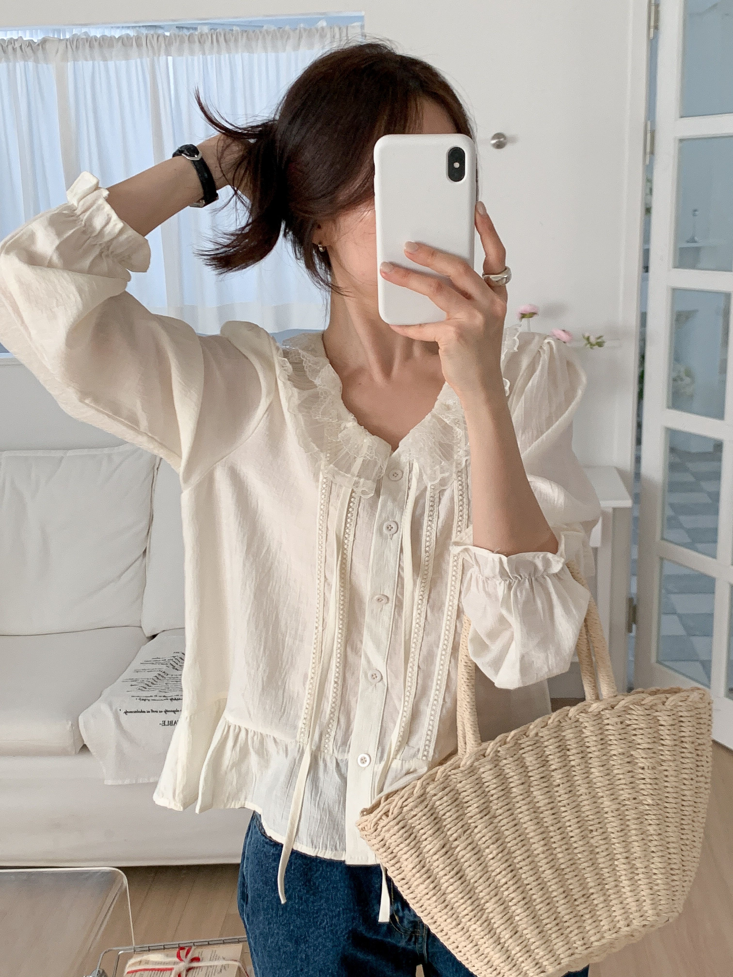 レースボタンUネックドローストリングフリルパフスリーブ長袖ギャザーブラウス | 詳細画像5