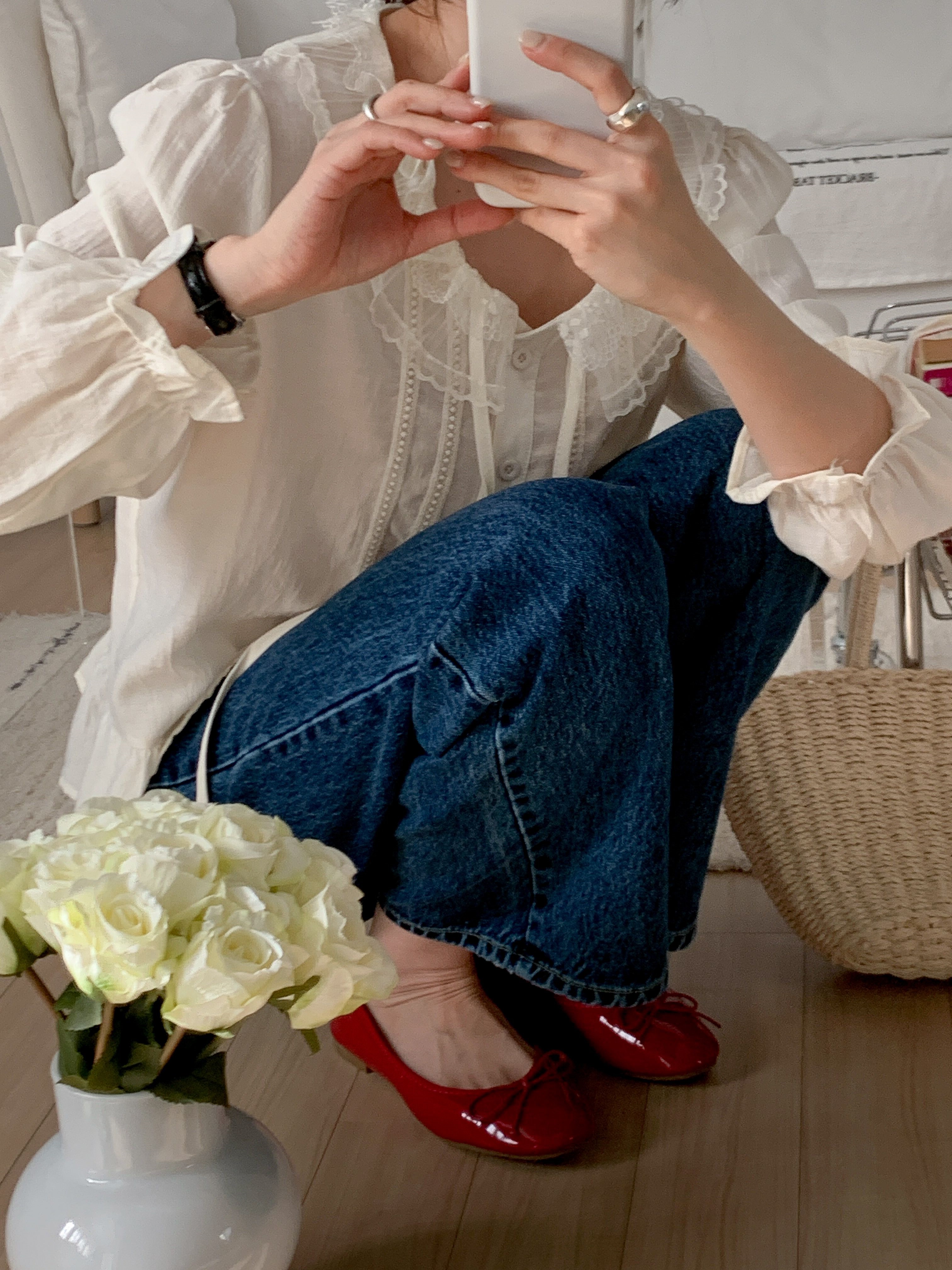 レースボタンUネックドローストリングフリルパフスリーブ長袖ギャザーブラウス | 詳細画像6