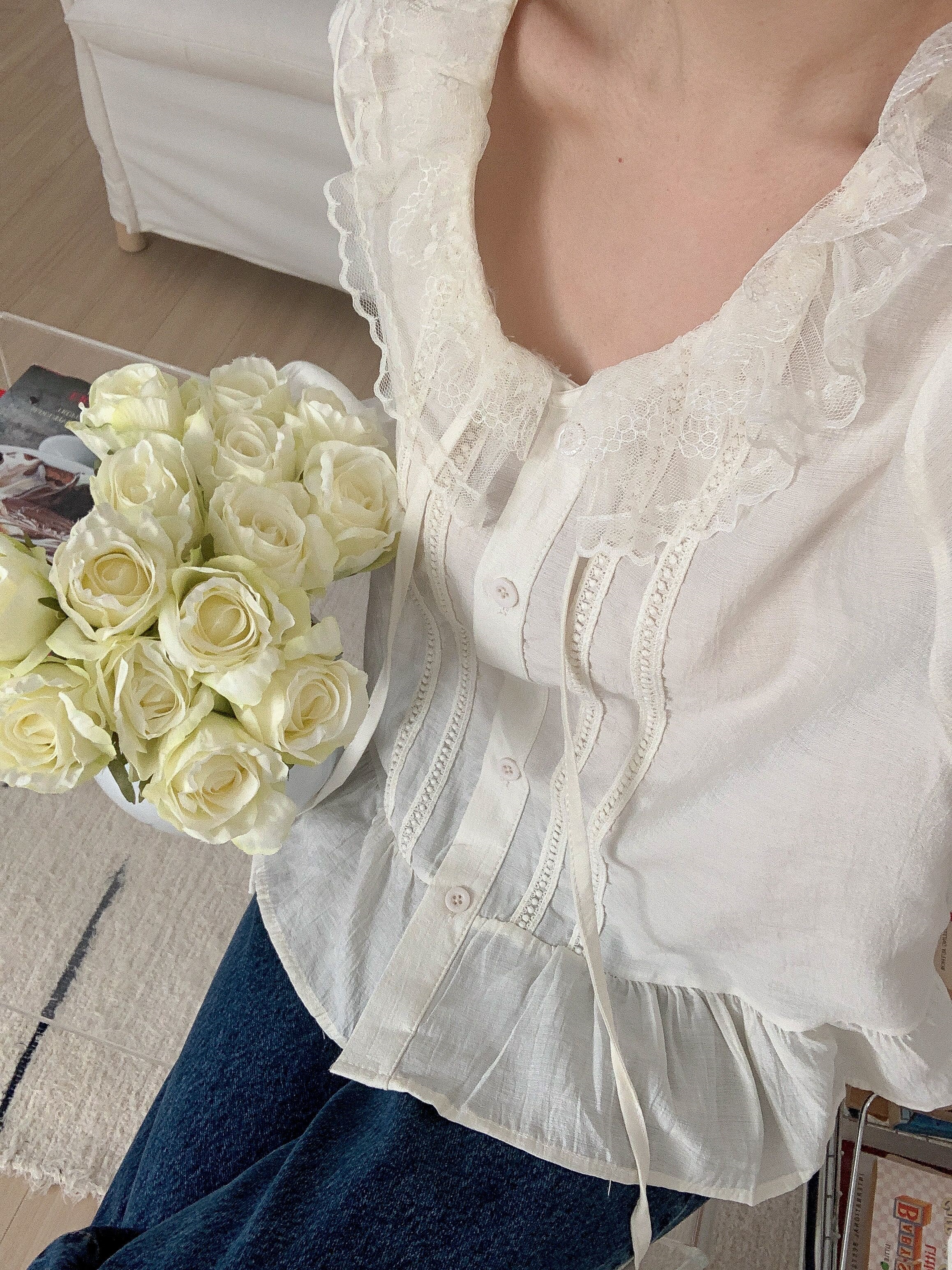 レースボタンUネックドローストリングフリルパフスリーブ長袖ギャザーブラウス | 詳細画像7