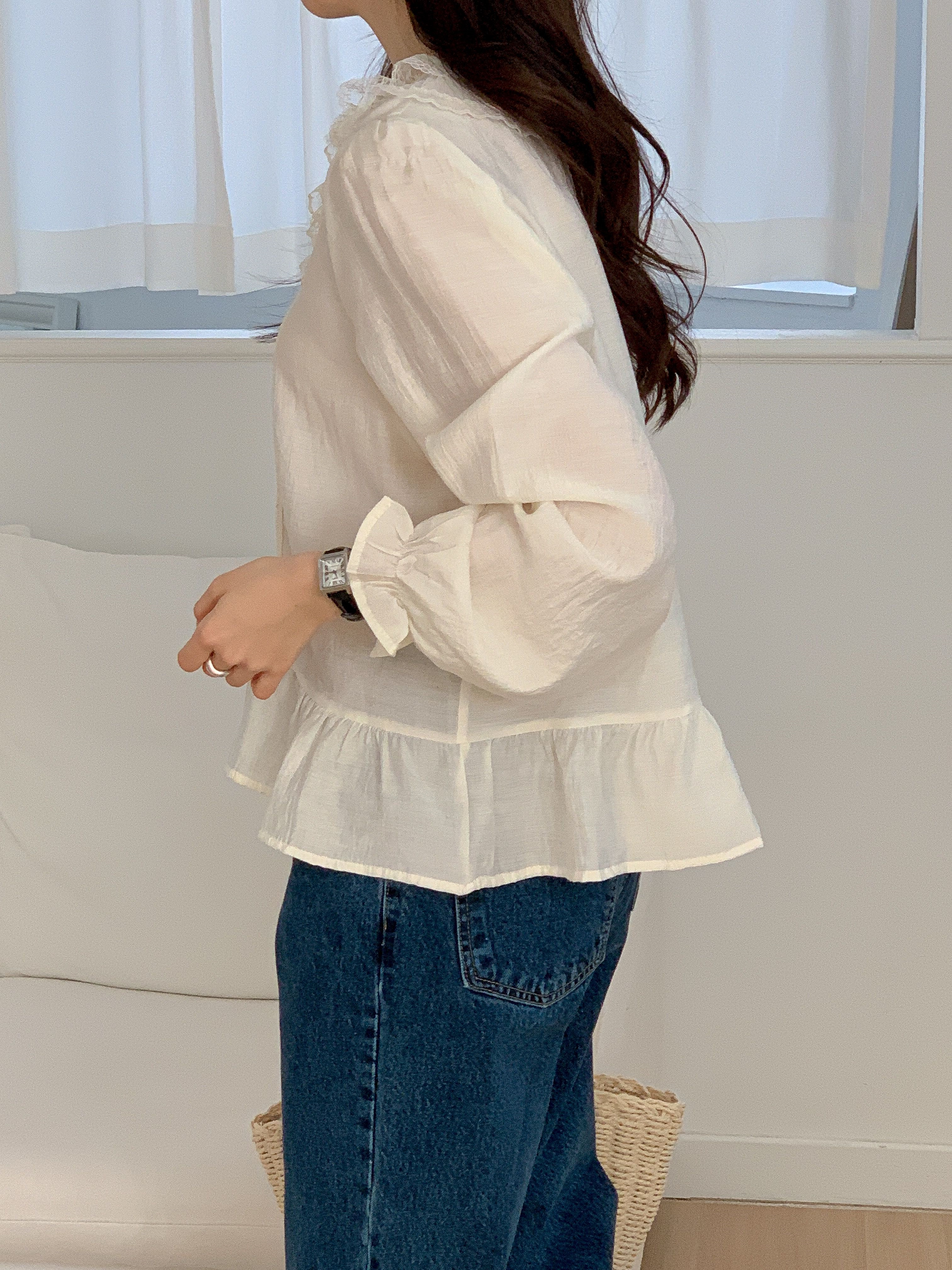 レースボタンUネックドローストリングフリルパフスリーブ長袖ギャザーブラウス | 詳細画像8