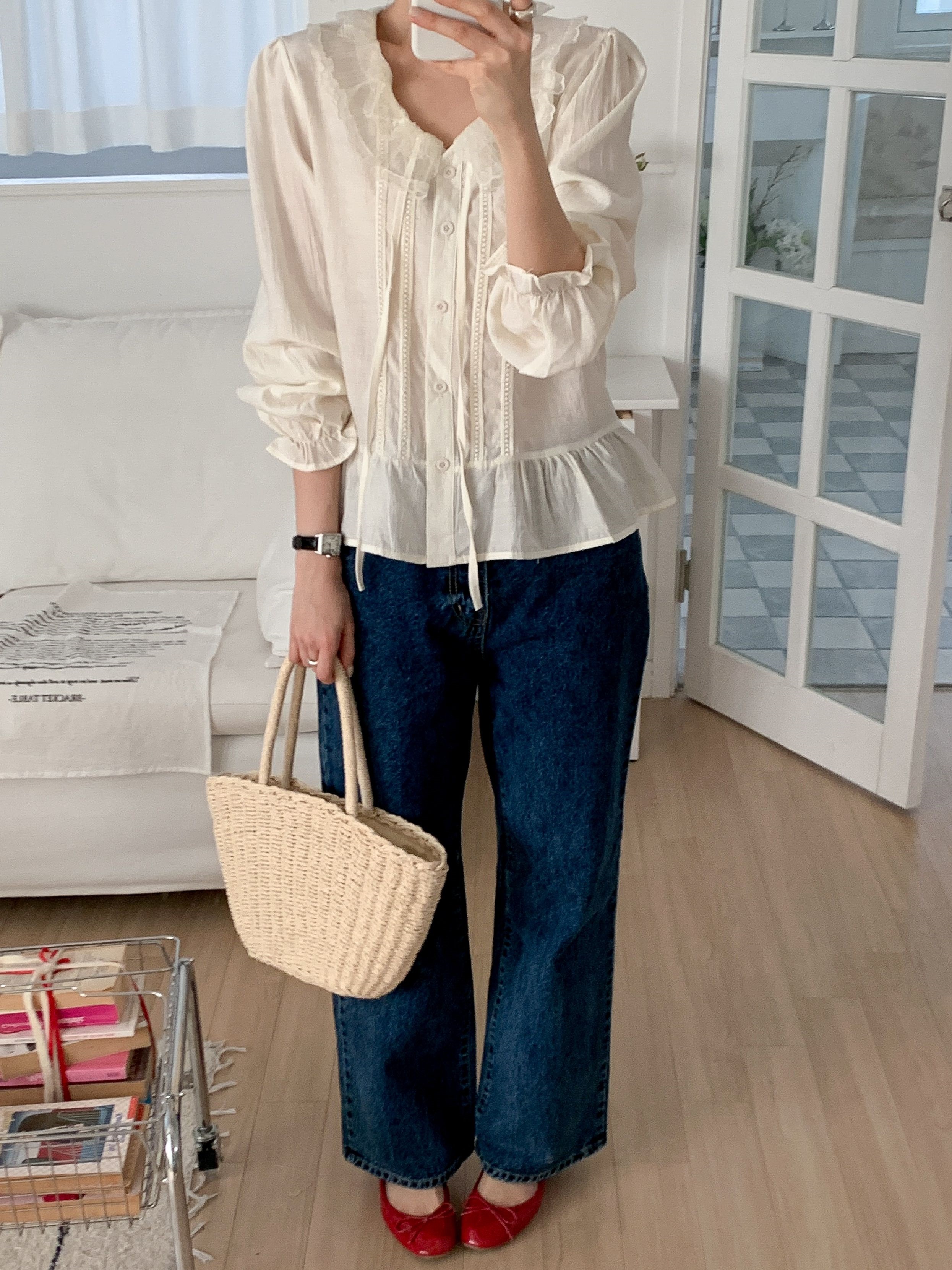 レースボタンUネックドローストリングフリルパフスリーブ長袖ギャザーブラウス | 詳細画像12