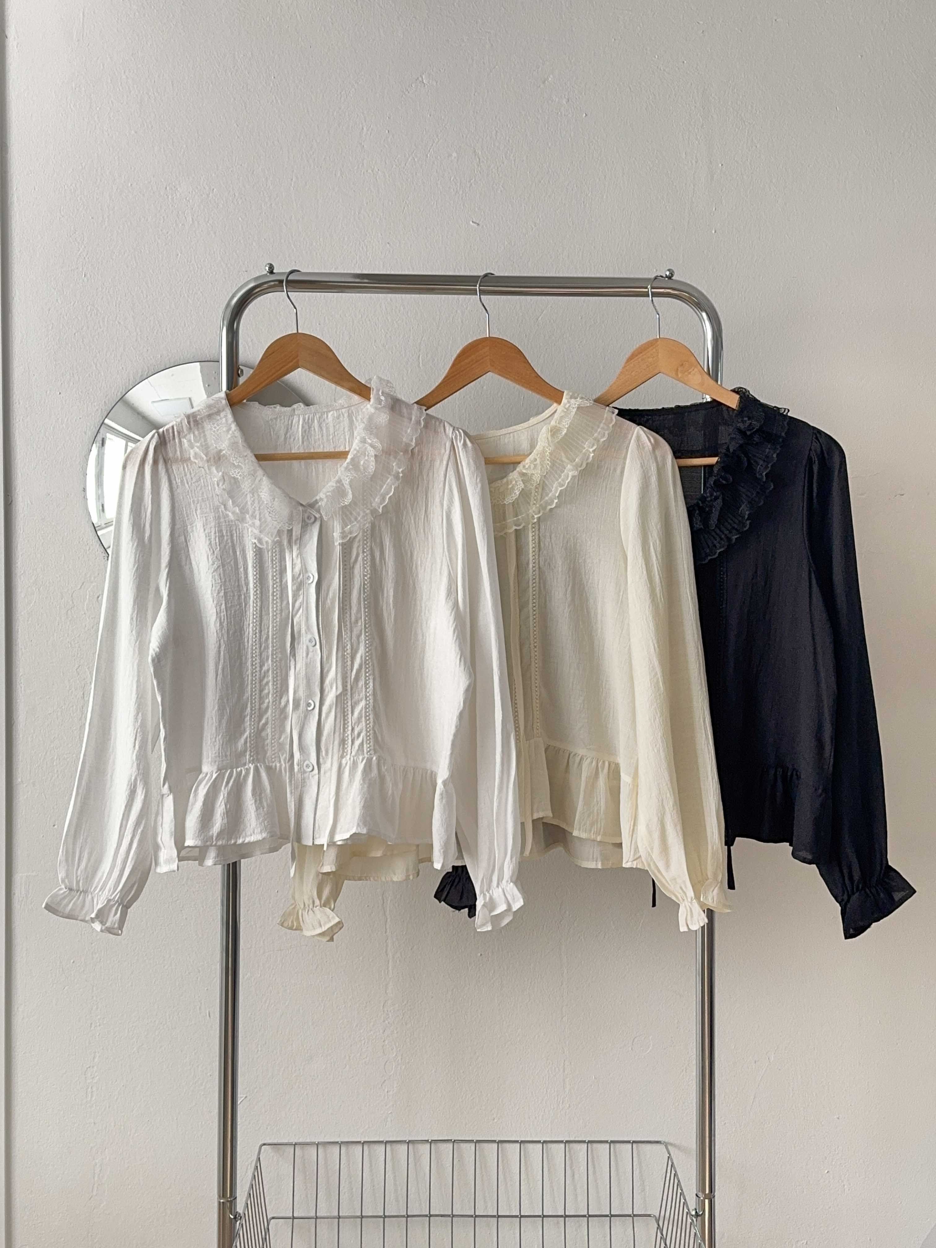 レースボタンUネックドローストリングフリルパフスリーブ長袖ギャザーブラウス | 詳細画像21