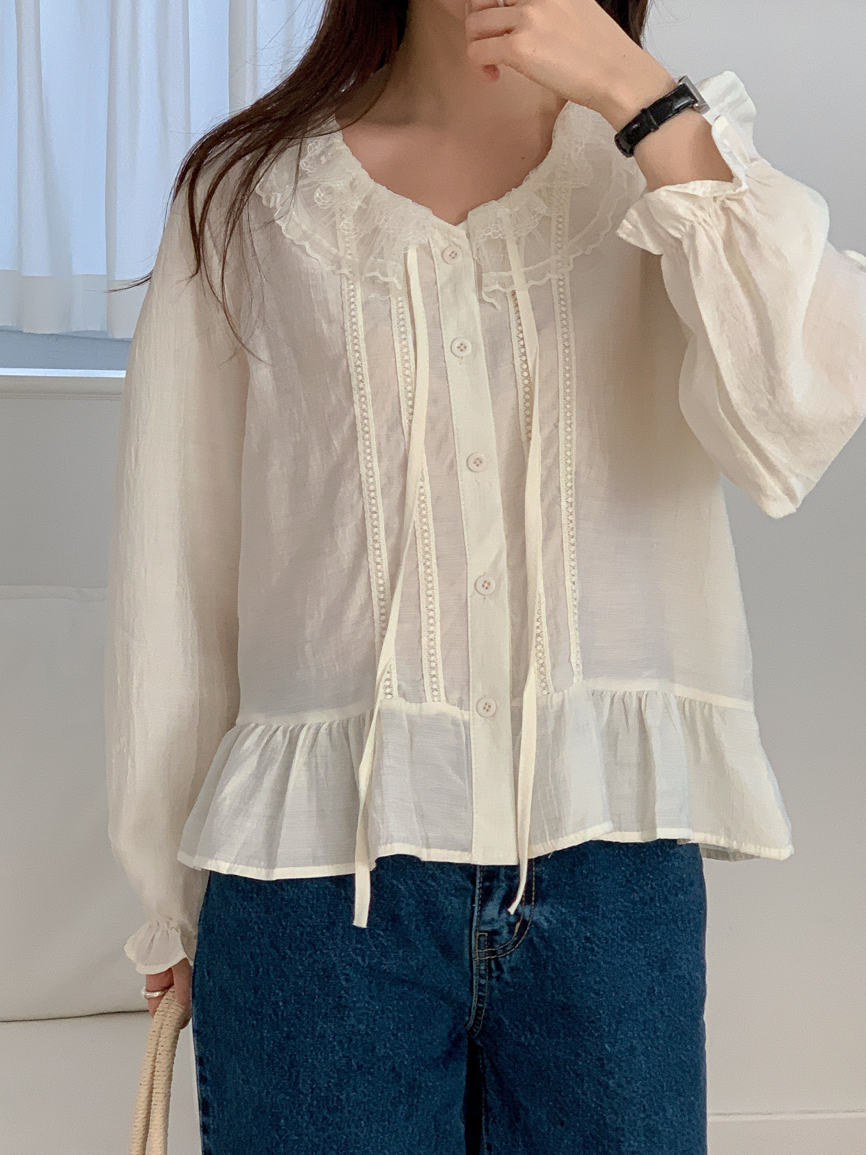 レースボタンUネックドローストリングフリルパフスリーブ長袖ギャザーブラウス | 詳細画像18