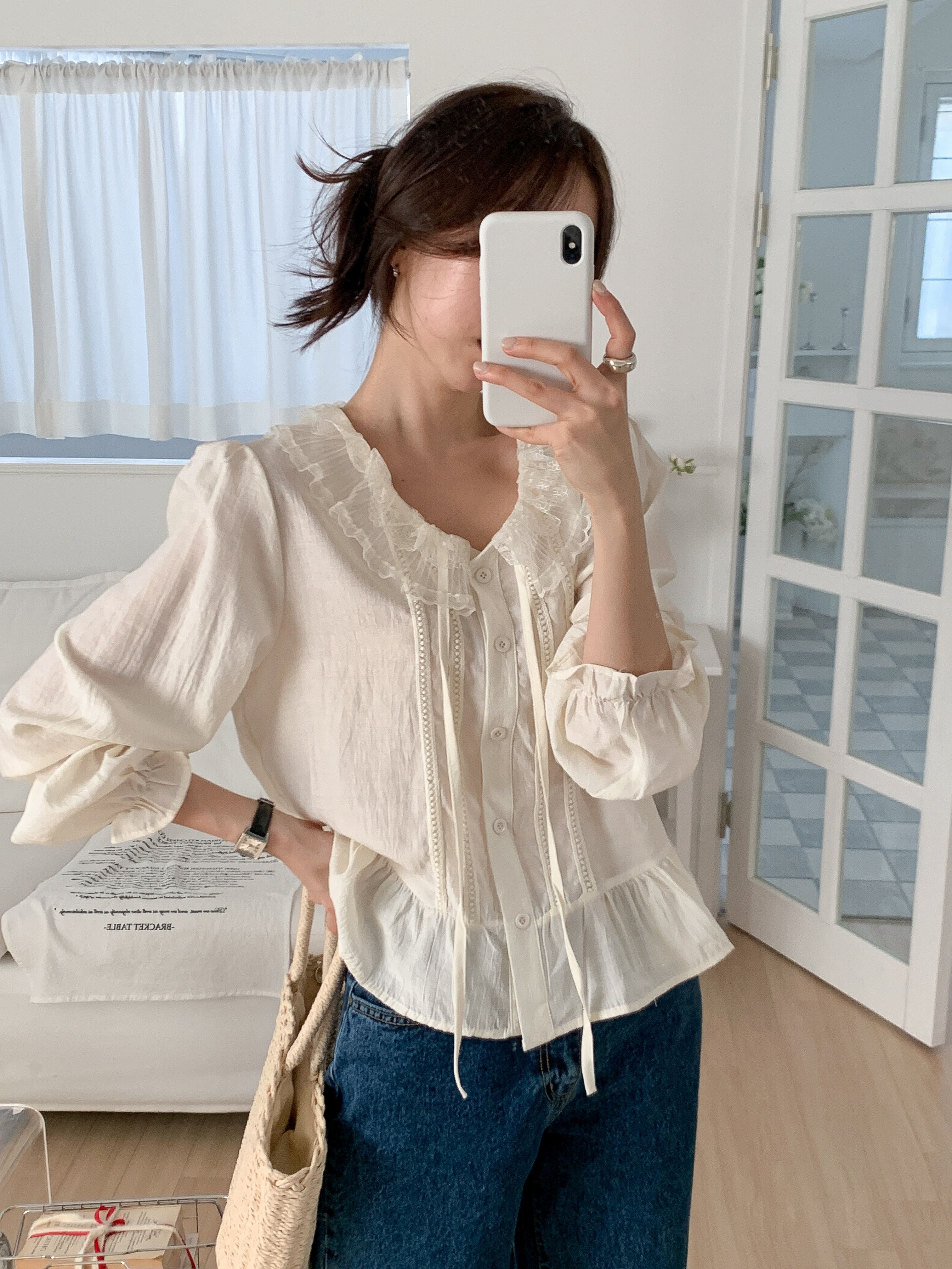 レースボタンUネックドローストリングフリルパフスリーブ長袖ギャザーブラウス | 詳細画像19