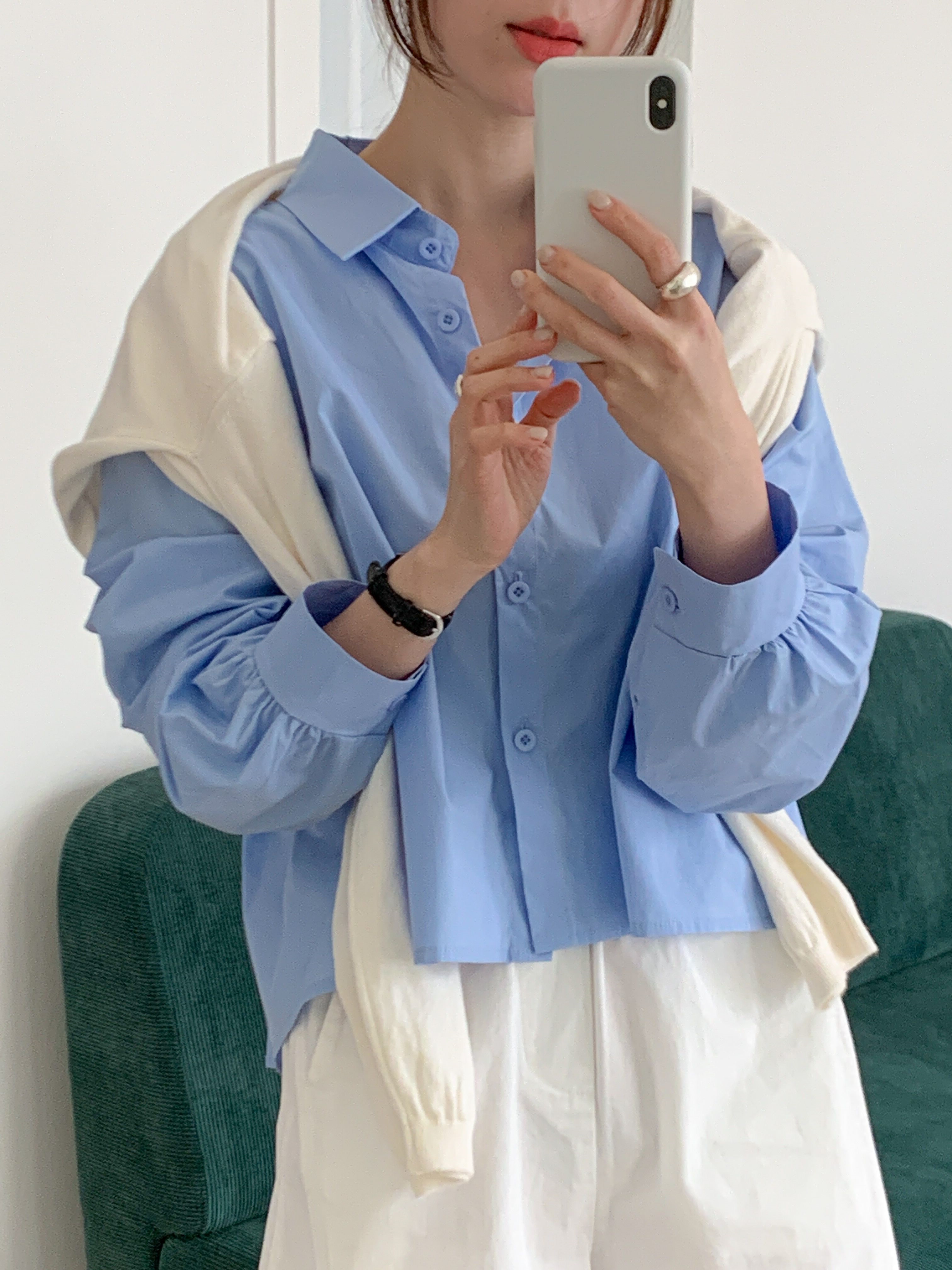 ボタンカラーピンタック長袖ギャザーボタンスリーブ無地ブラウス | 詳細画像9