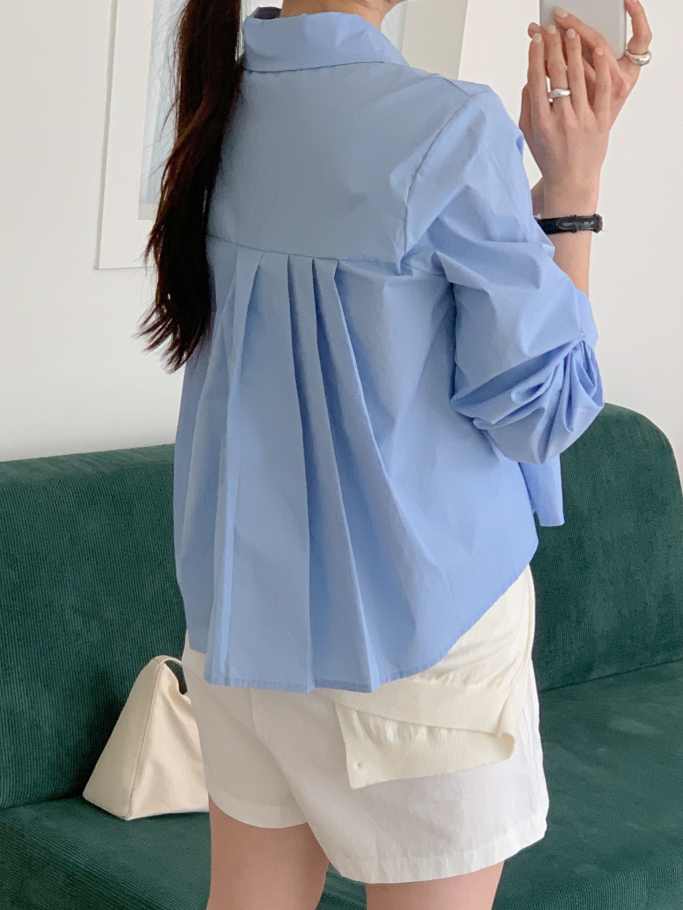 ボタンカラーピンタック長袖ギャザーボタンスリーブ無地ブラウス | 詳細画像12