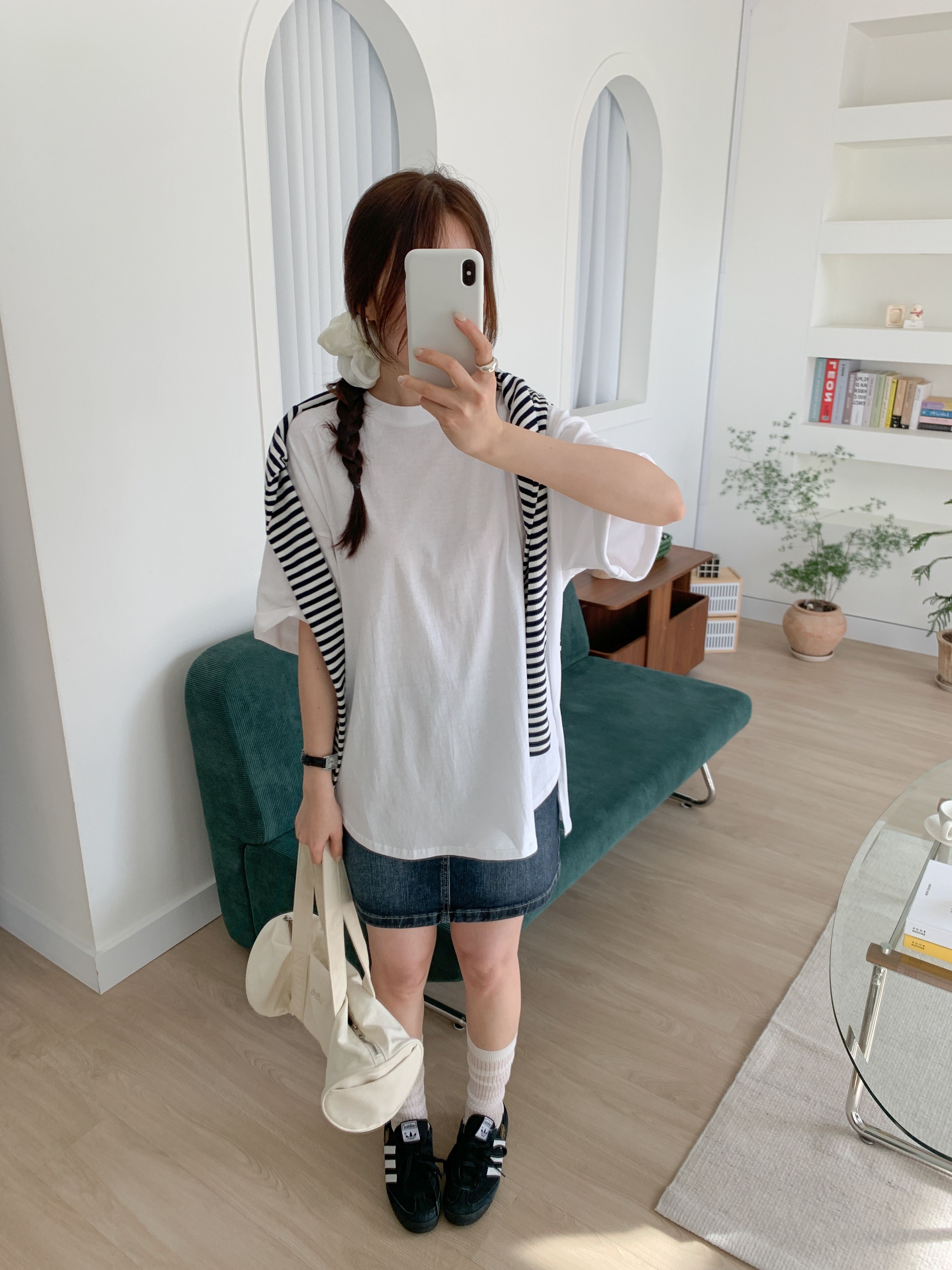 コットンラウンドネックスリットボクシー半袖無地Tシャツ | 詳細画像3