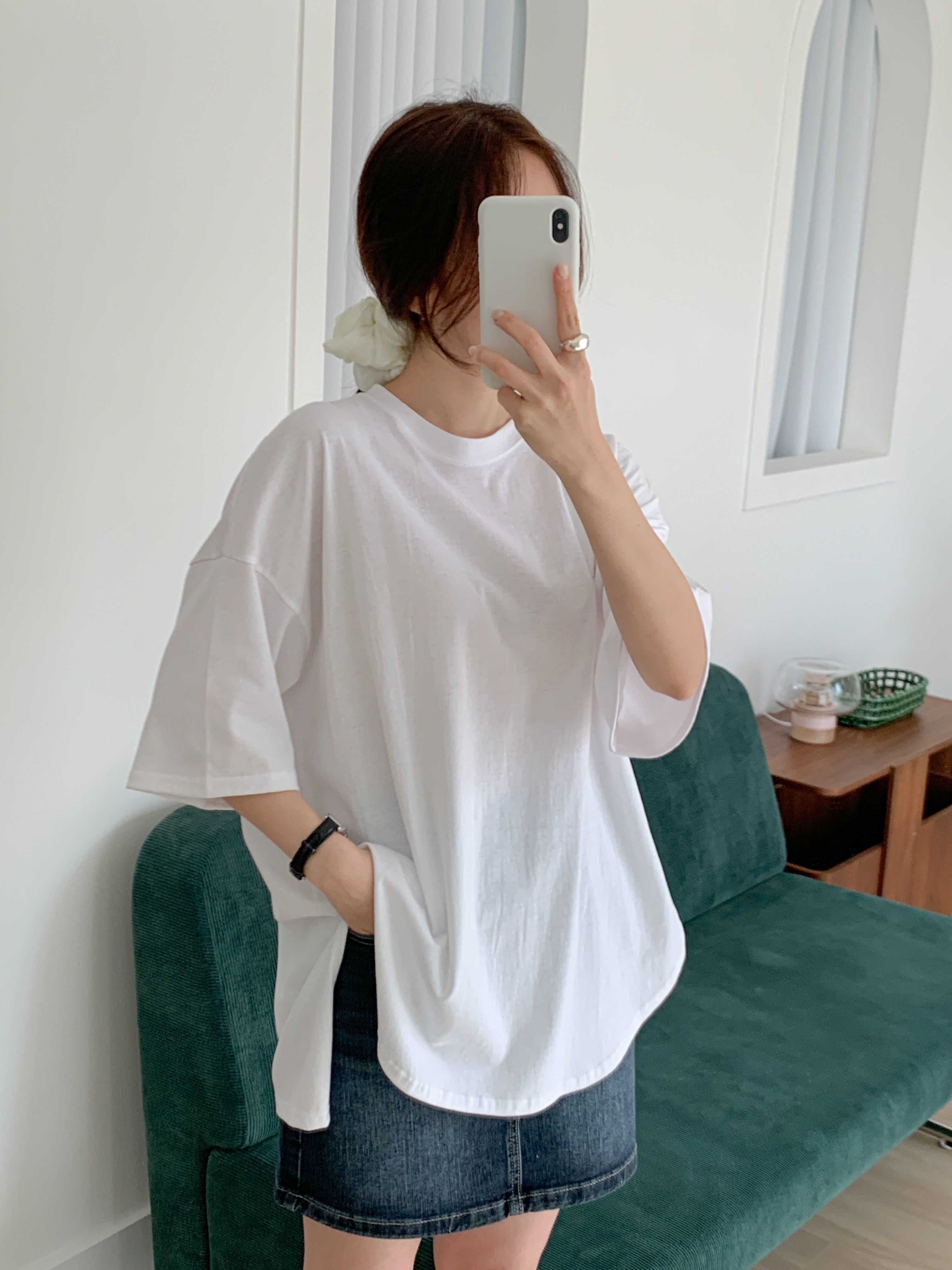 コットンラウンドネックスリットボクシー半袖無地Tシャツ | 詳細画像4