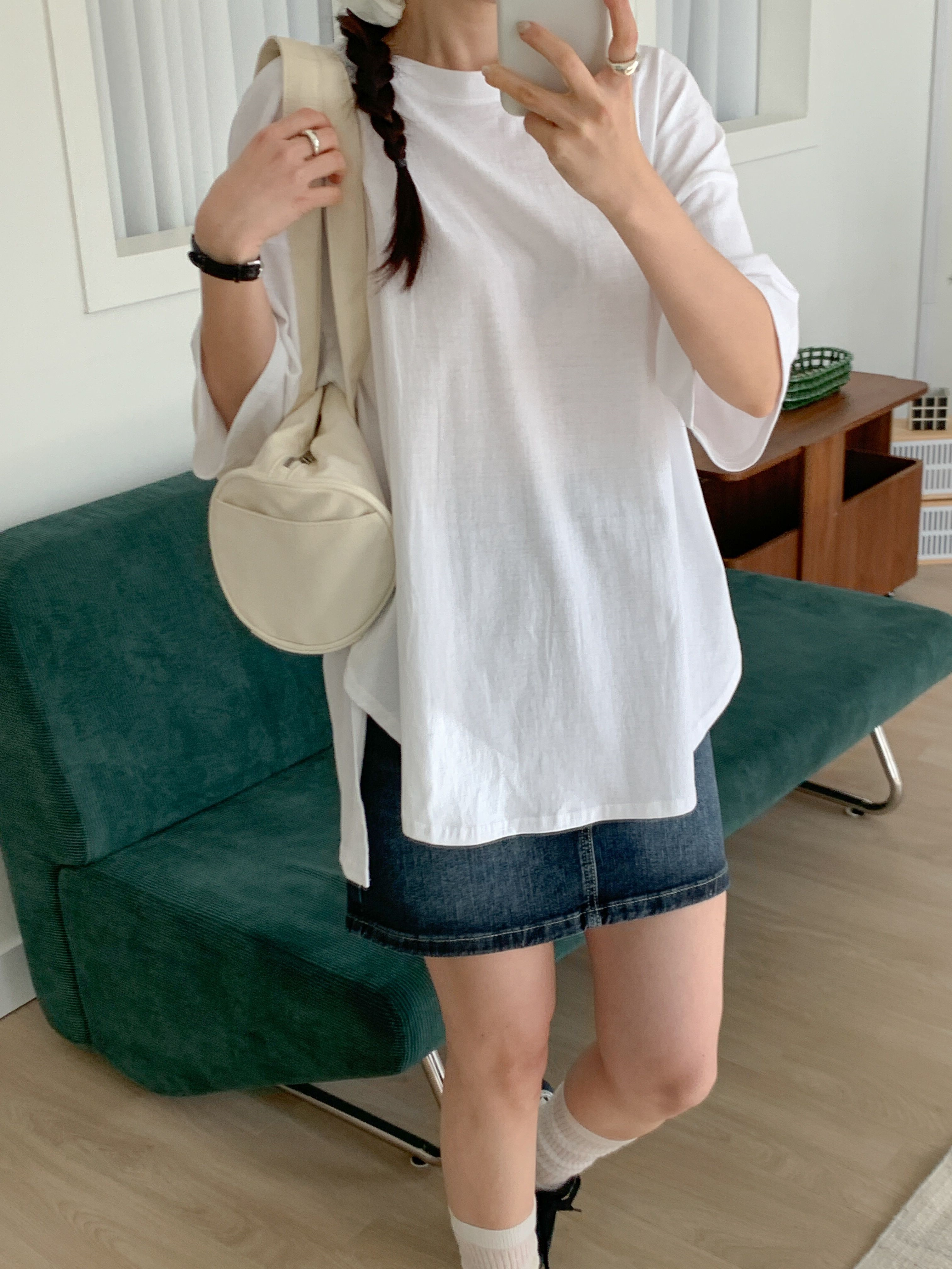 コットンラウンドネックスリットボクシー半袖無地Tシャツ | 詳細画像5