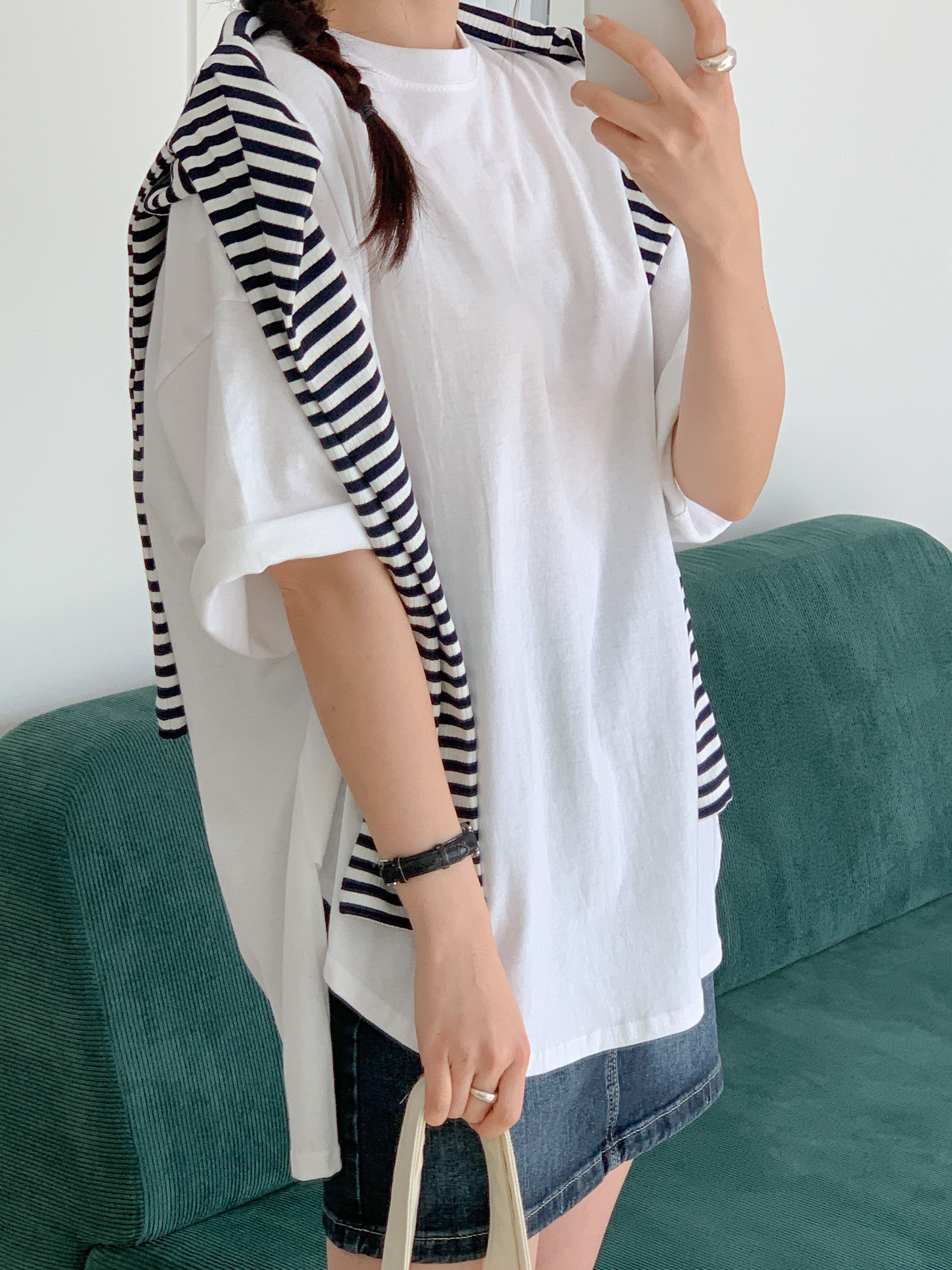 コットンラウンドネックスリットボクシー半袖無地Tシャツ | 詳細画像6