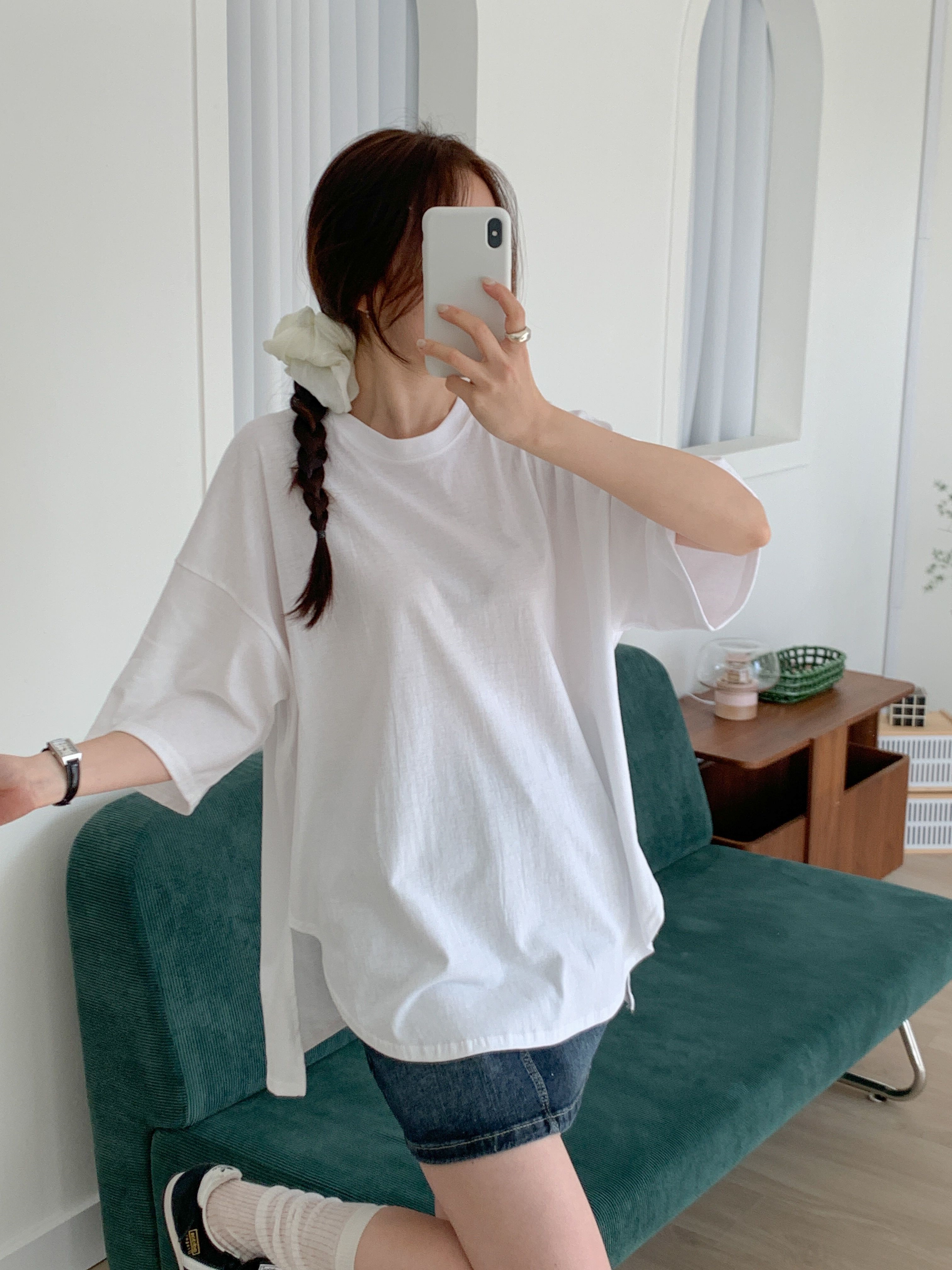 コットンラウンドネックスリットボクシー半袖無地Tシャツ | 詳細画像7