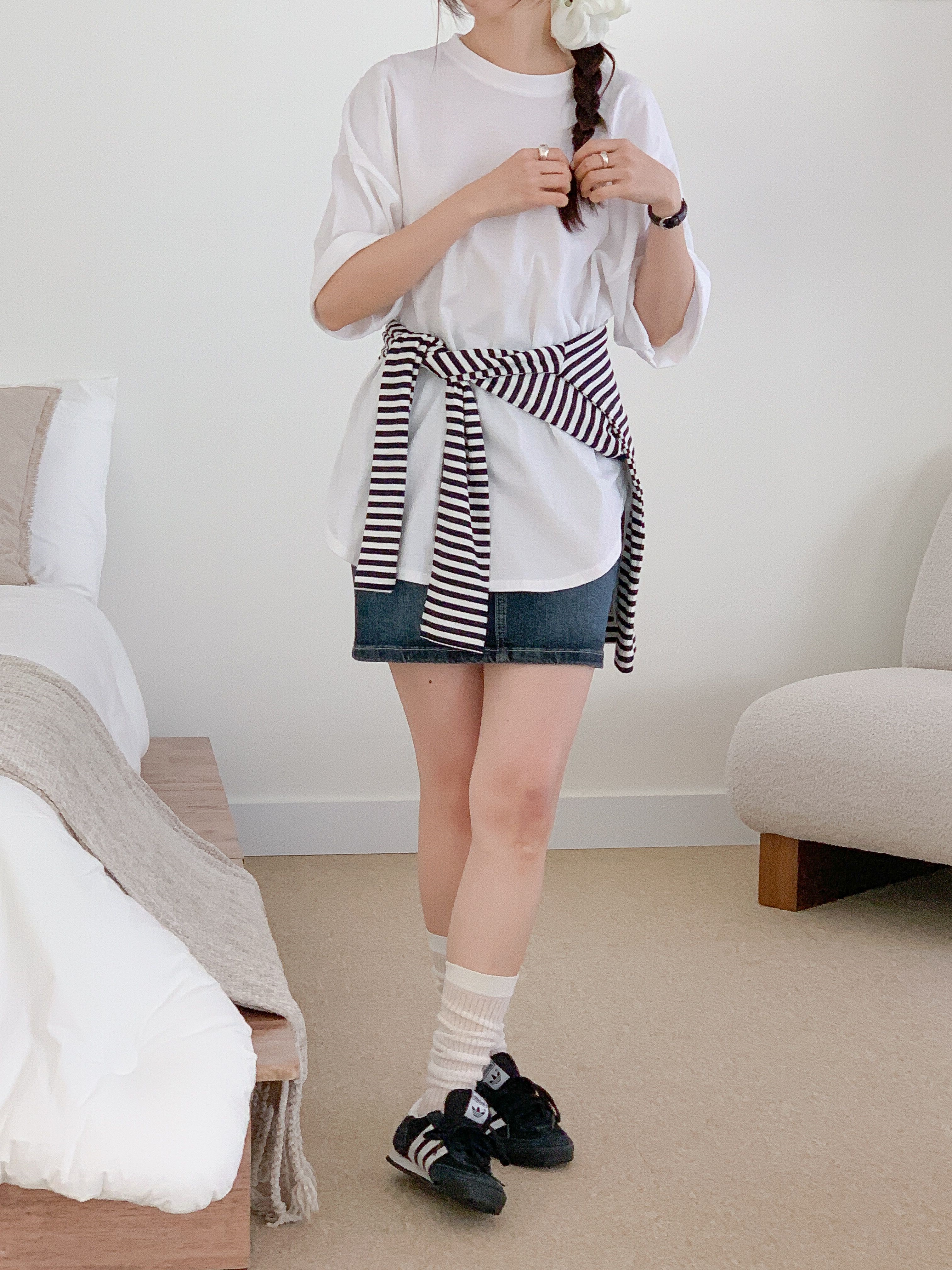 コットンラウンドネックスリットボクシー半袖無地Tシャツ | 詳細画像8