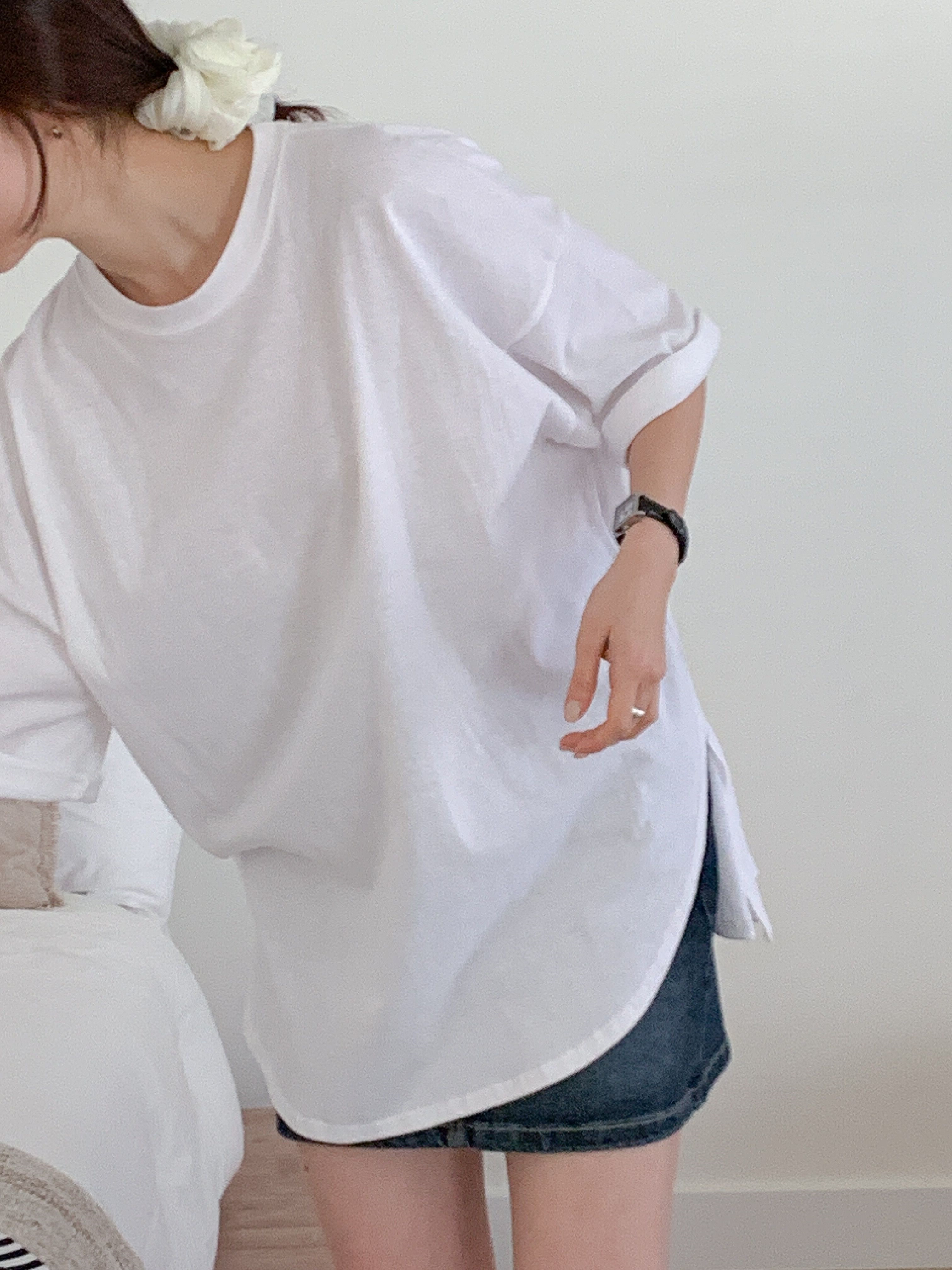 コットンラウンドネックスリットボクシー半袖無地Tシャツ | 詳細画像9