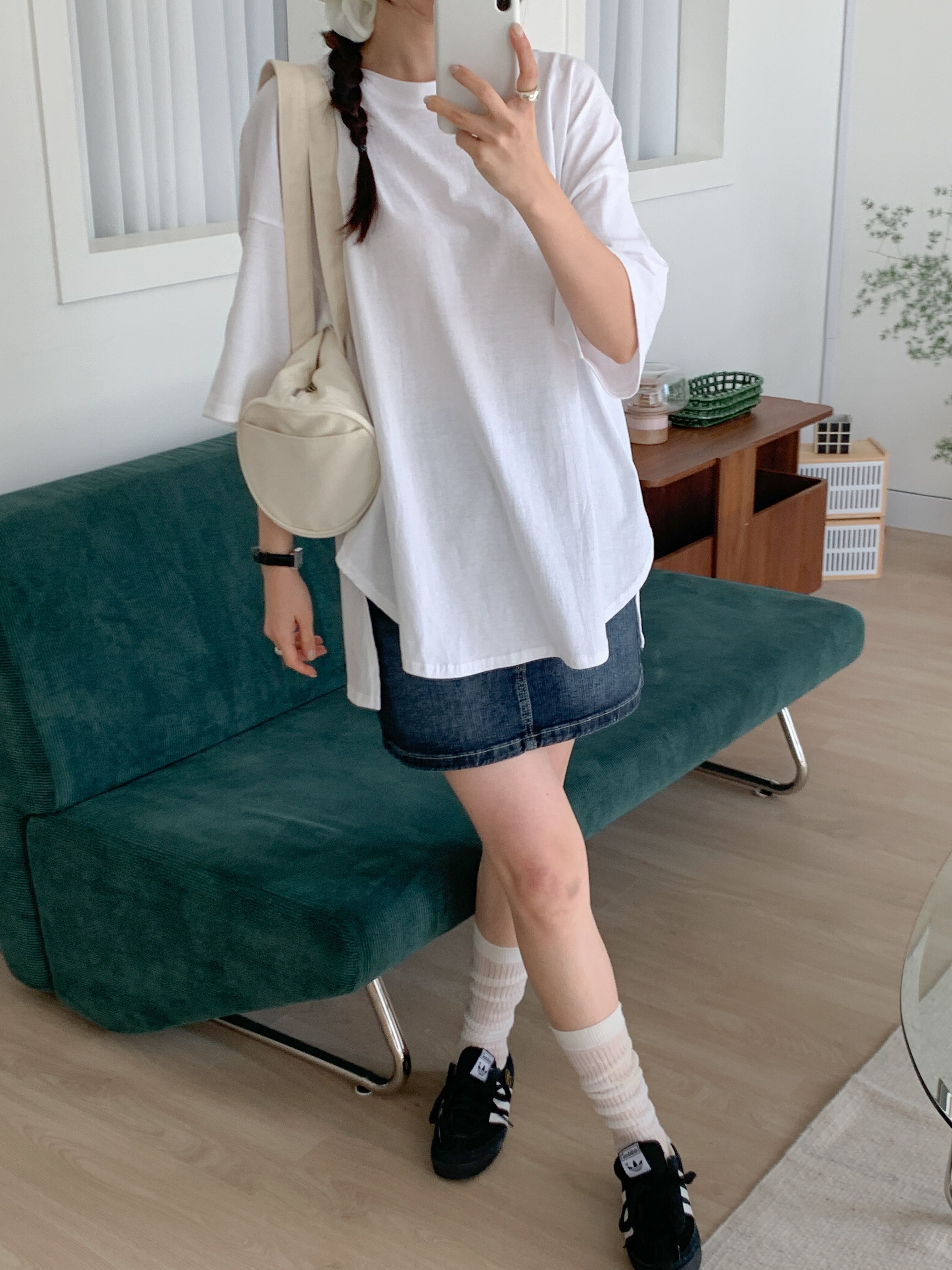 コットンラウンドネックスリットボクシー半袖無地Tシャツ | 詳細画像12