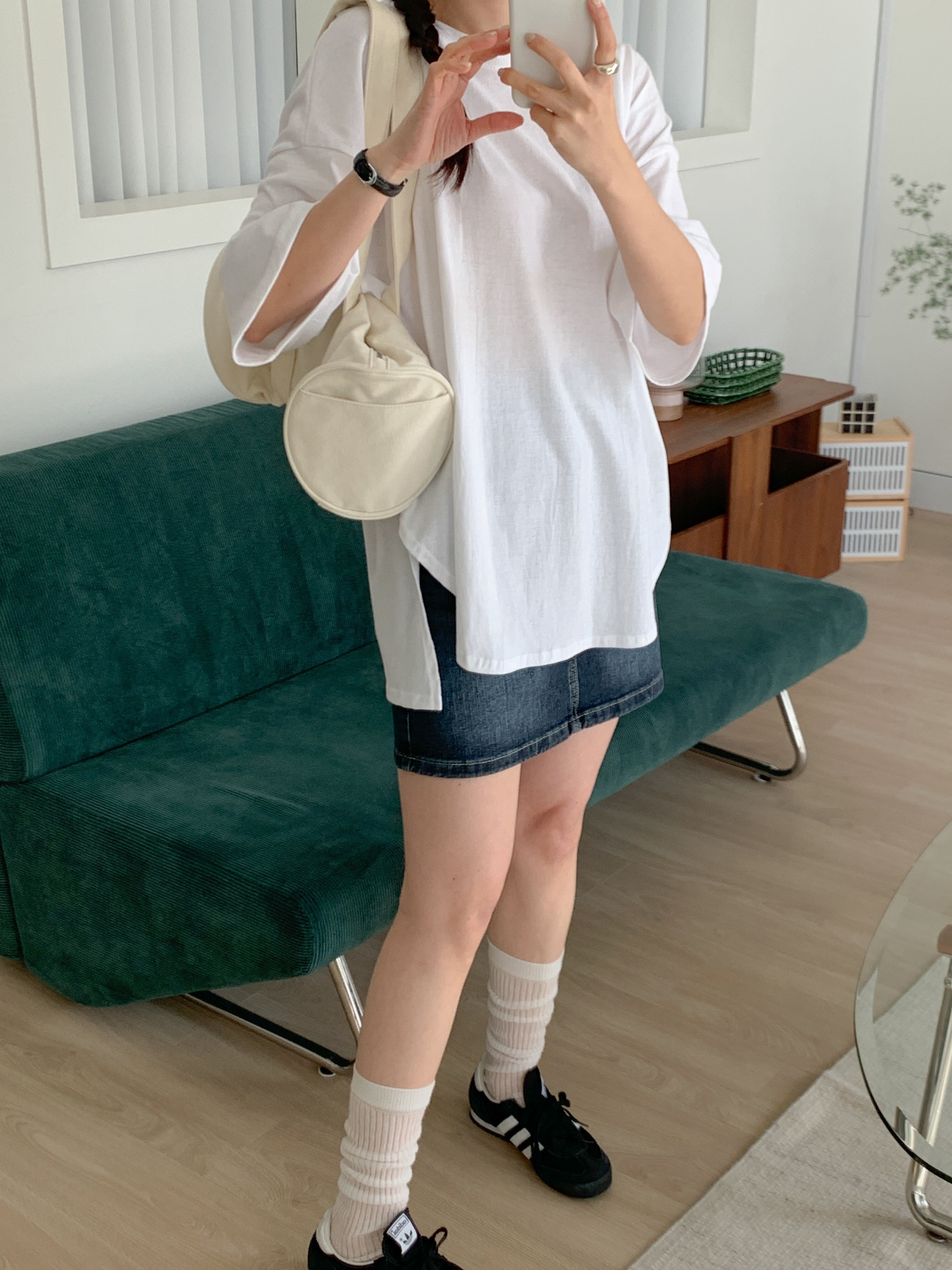 コットンラウンドネックスリットボクシー半袖無地Tシャツ | 詳細画像13