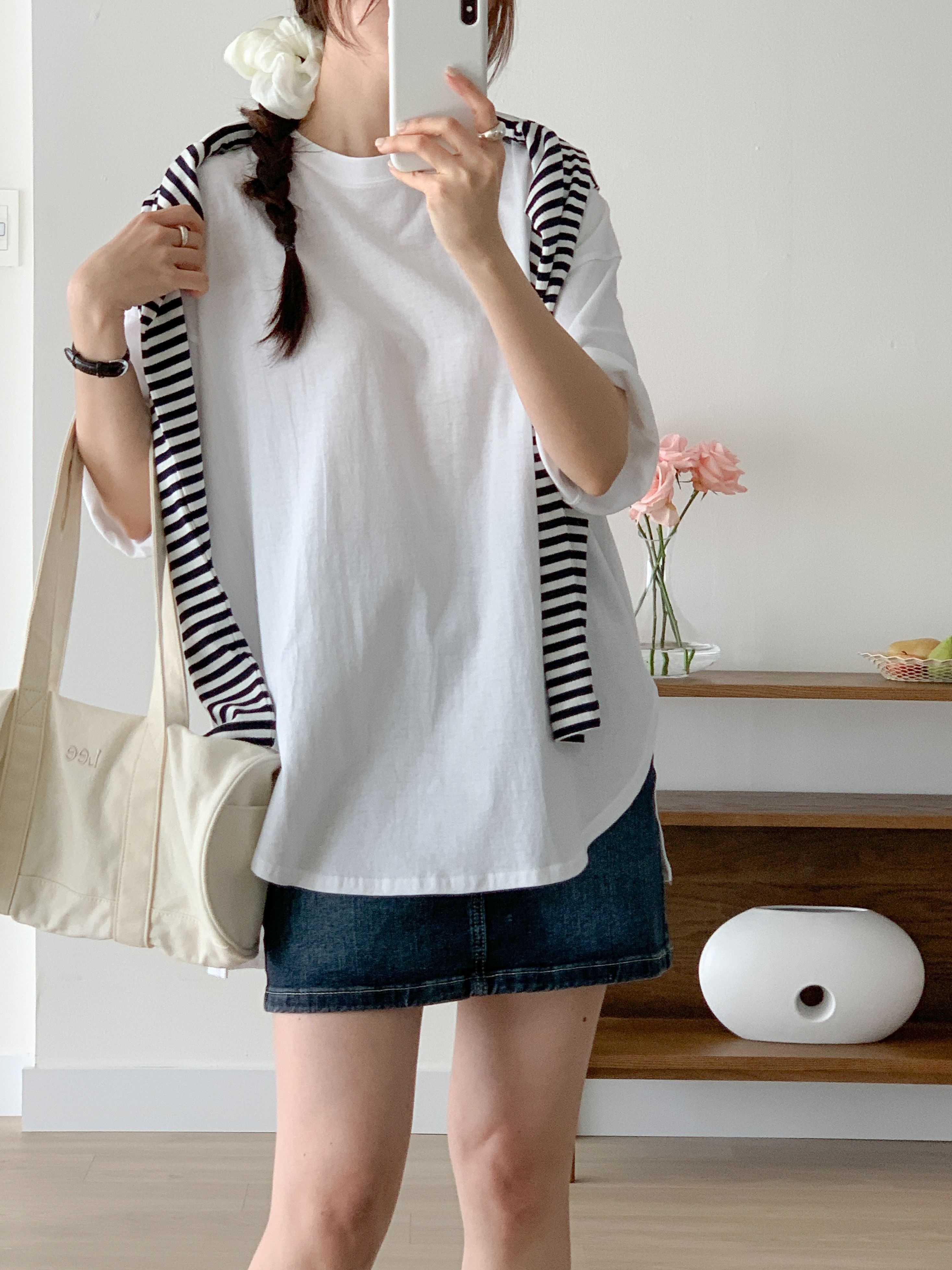 コットンラウンドネックスリットボクシー半袖無地Tシャツ | 詳細画像15