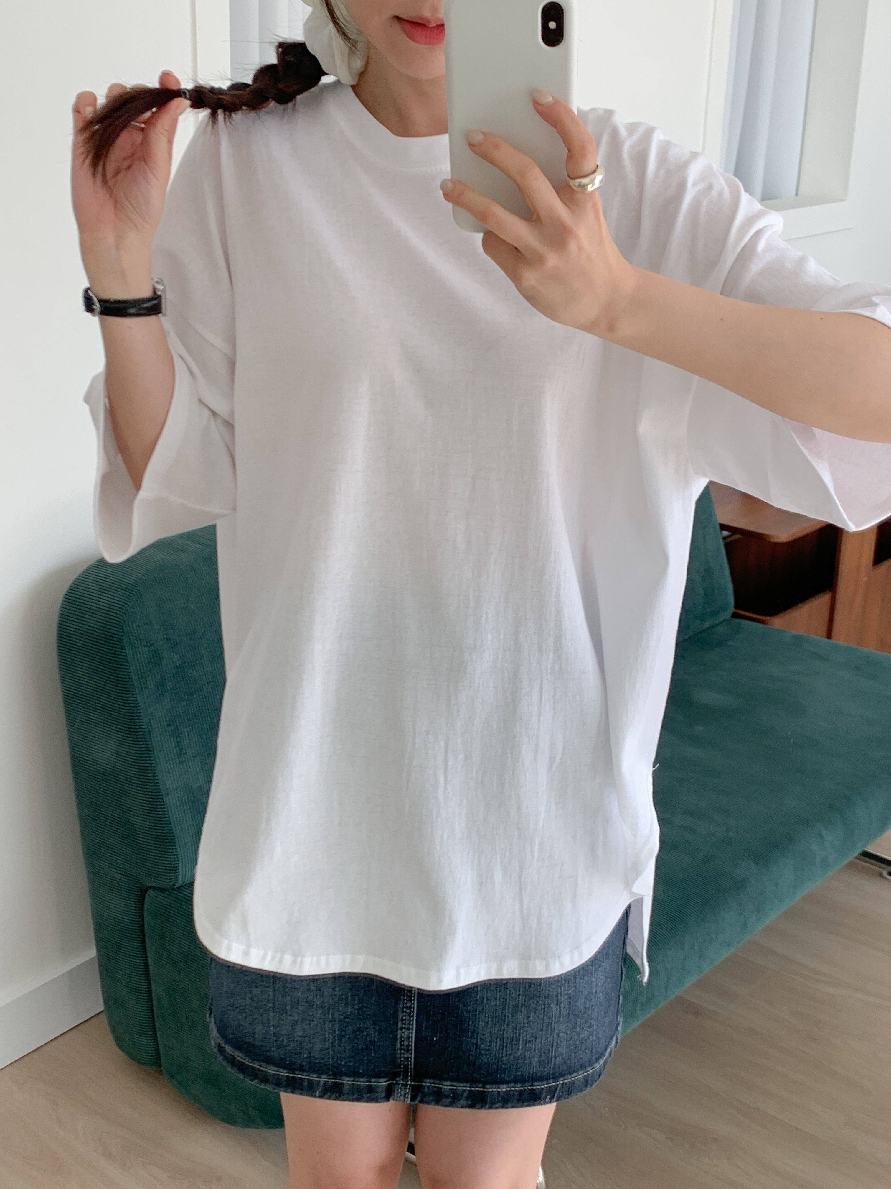 コットンラウンドネックスリットボクシー半袖無地Tシャツ | 詳細画像16