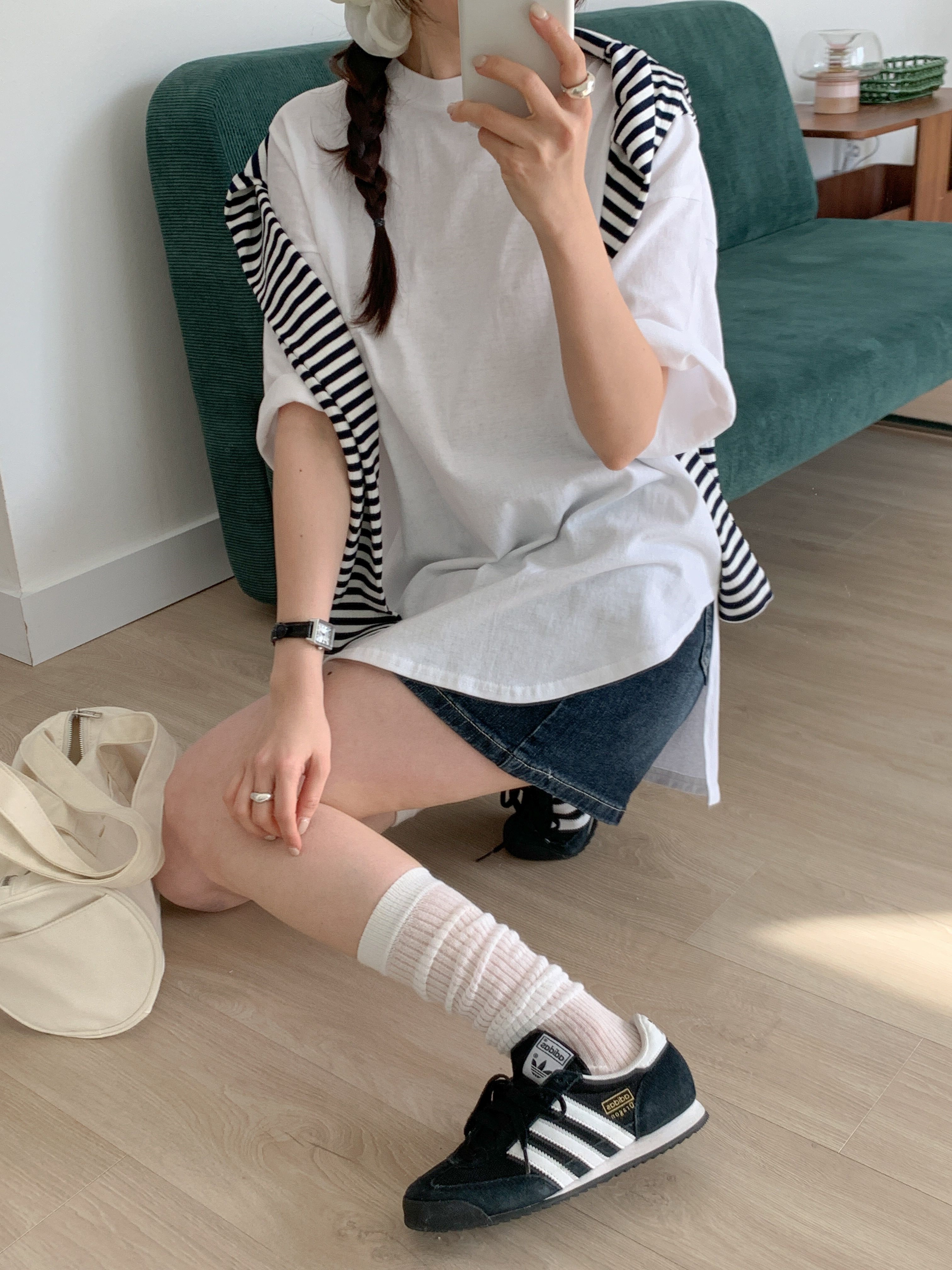 コットンラウンドネックスリットボクシー半袖無地Tシャツ | 詳細画像17