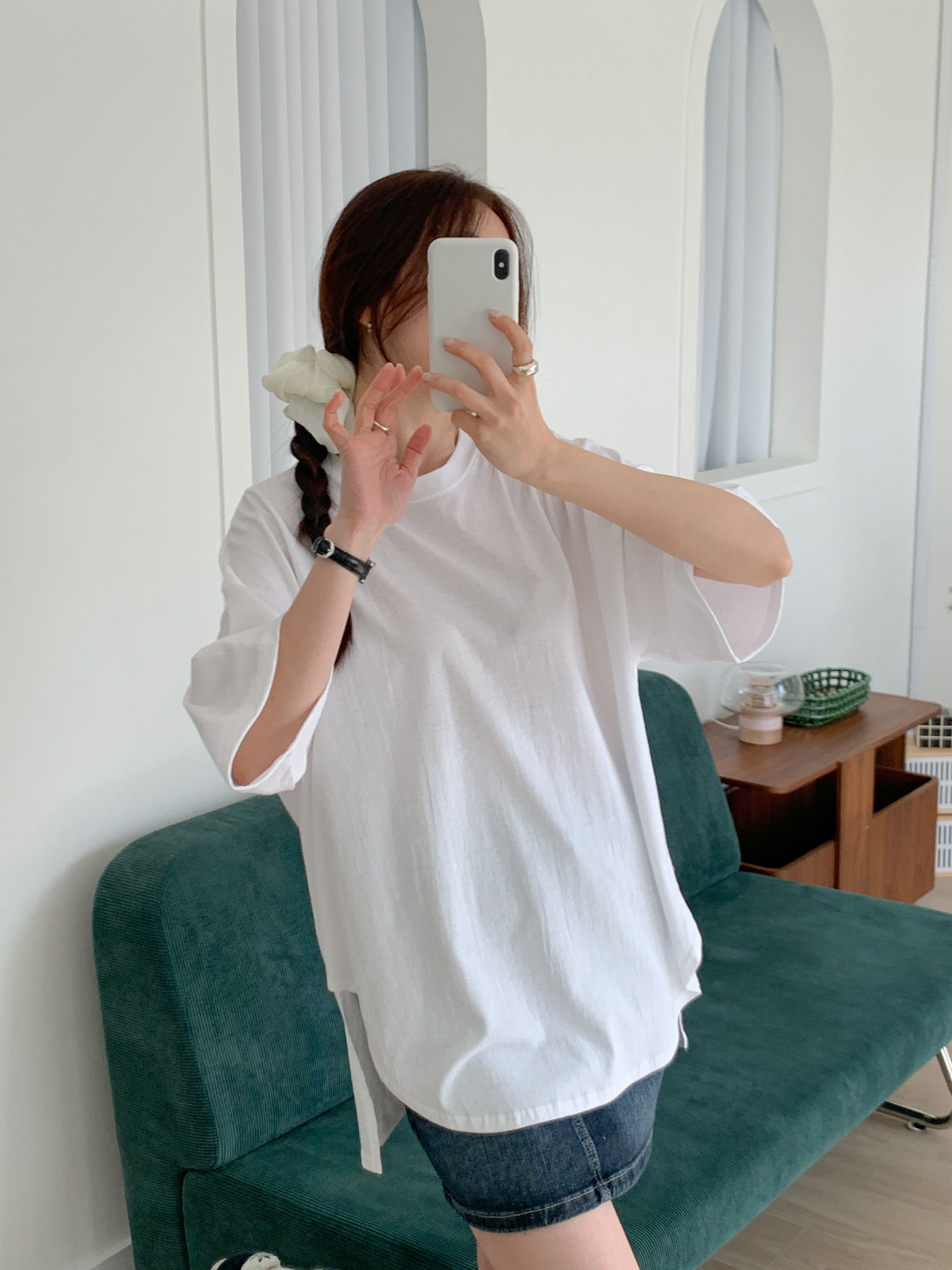 コットンラウンドネックスリットボクシー半袖無地Tシャツ | 詳細画像20