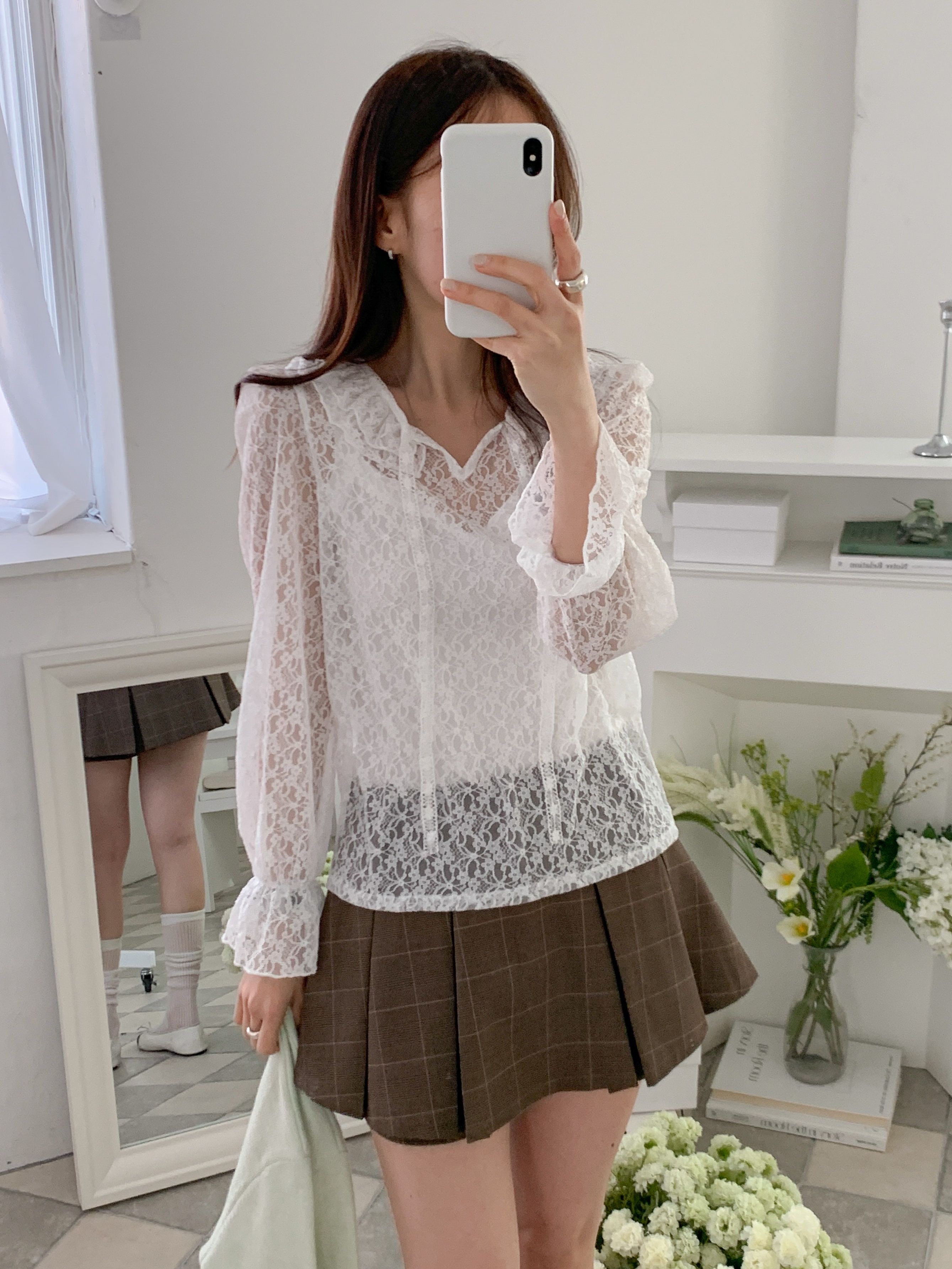 シースルー花柄レースストラップラウンドネックパフスリーブルーズ長袖ブラウス | 詳細画像10