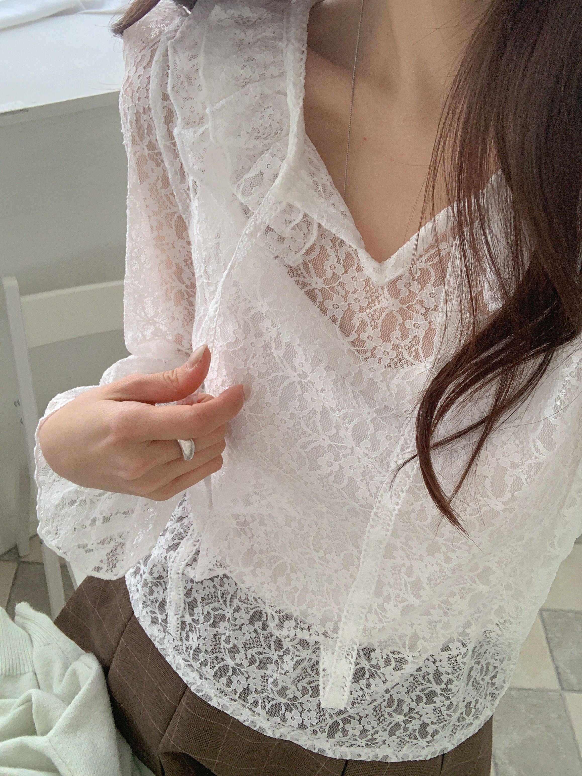 シースルー花柄レースストラップラウンドネックパフスリーブルーズ長袖ブラウス | 詳細画像14