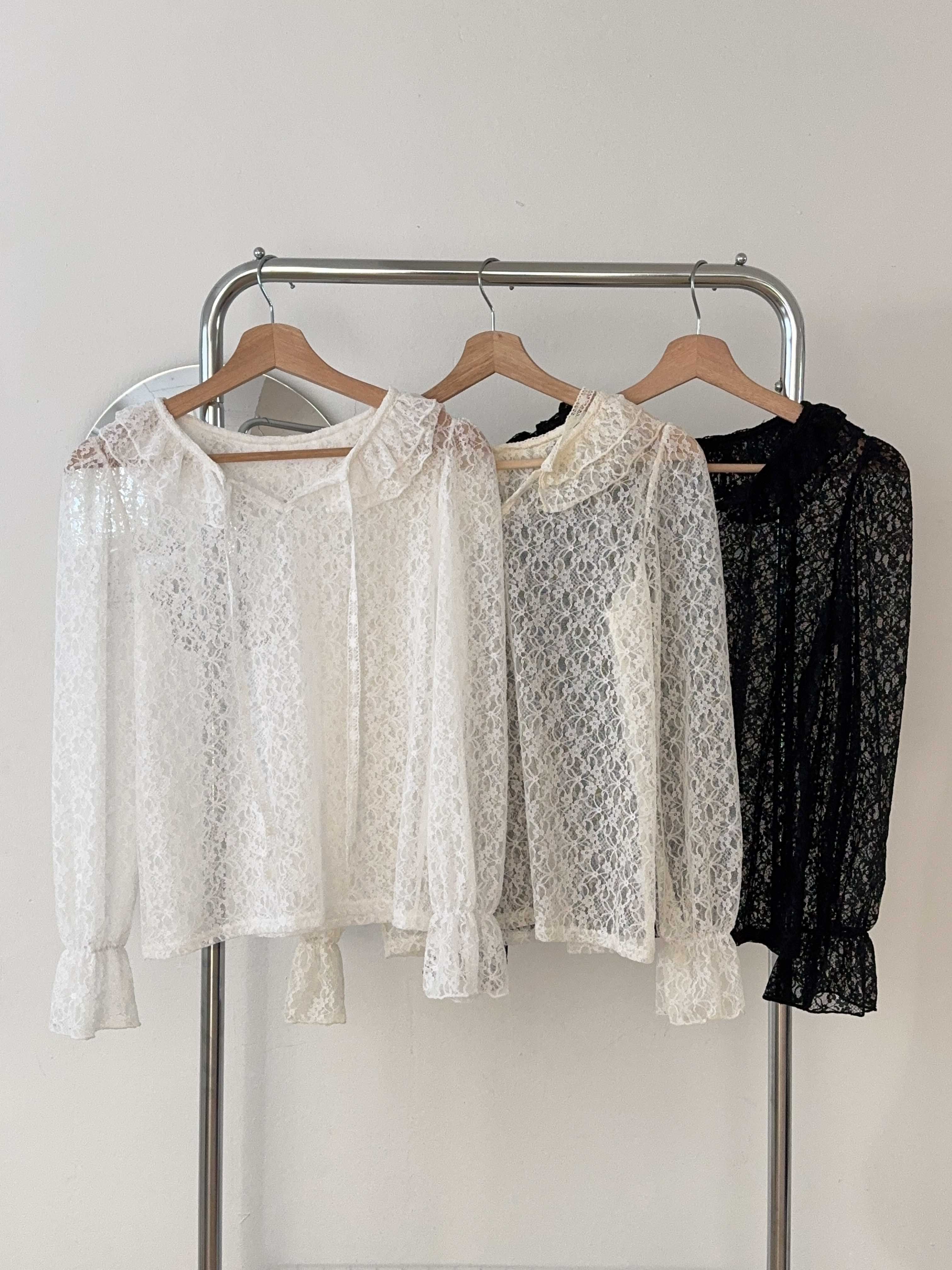 シースルー花柄レースストラップラウンドネックパフスリーブルーズ長袖ブラウス | 詳細画像21