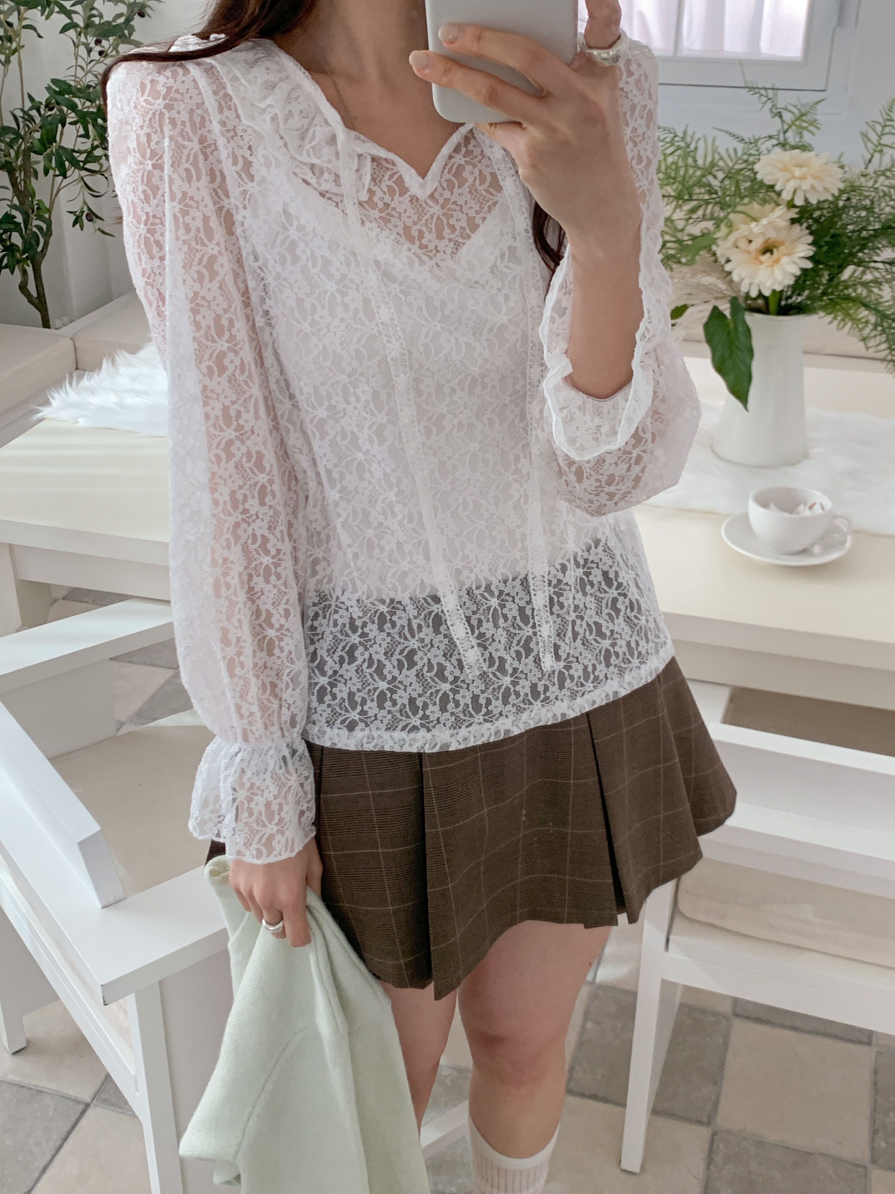 シースルー花柄レースストラップラウンドネックパフスリーブルーズ長袖ブラウス | 詳細画像16