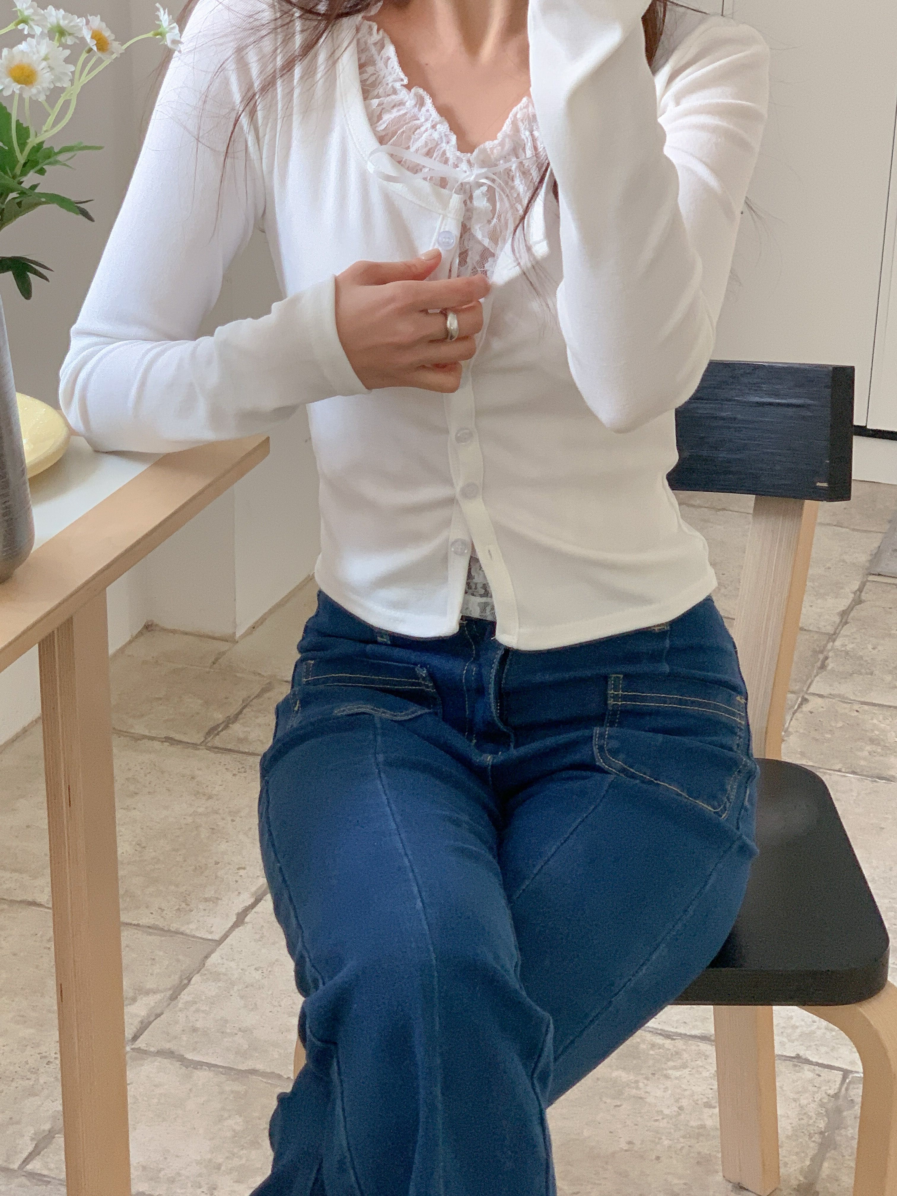 レースリボンボタンストラップUネックレイヤード風長袖ギャザーTシャツ | 詳細画像2