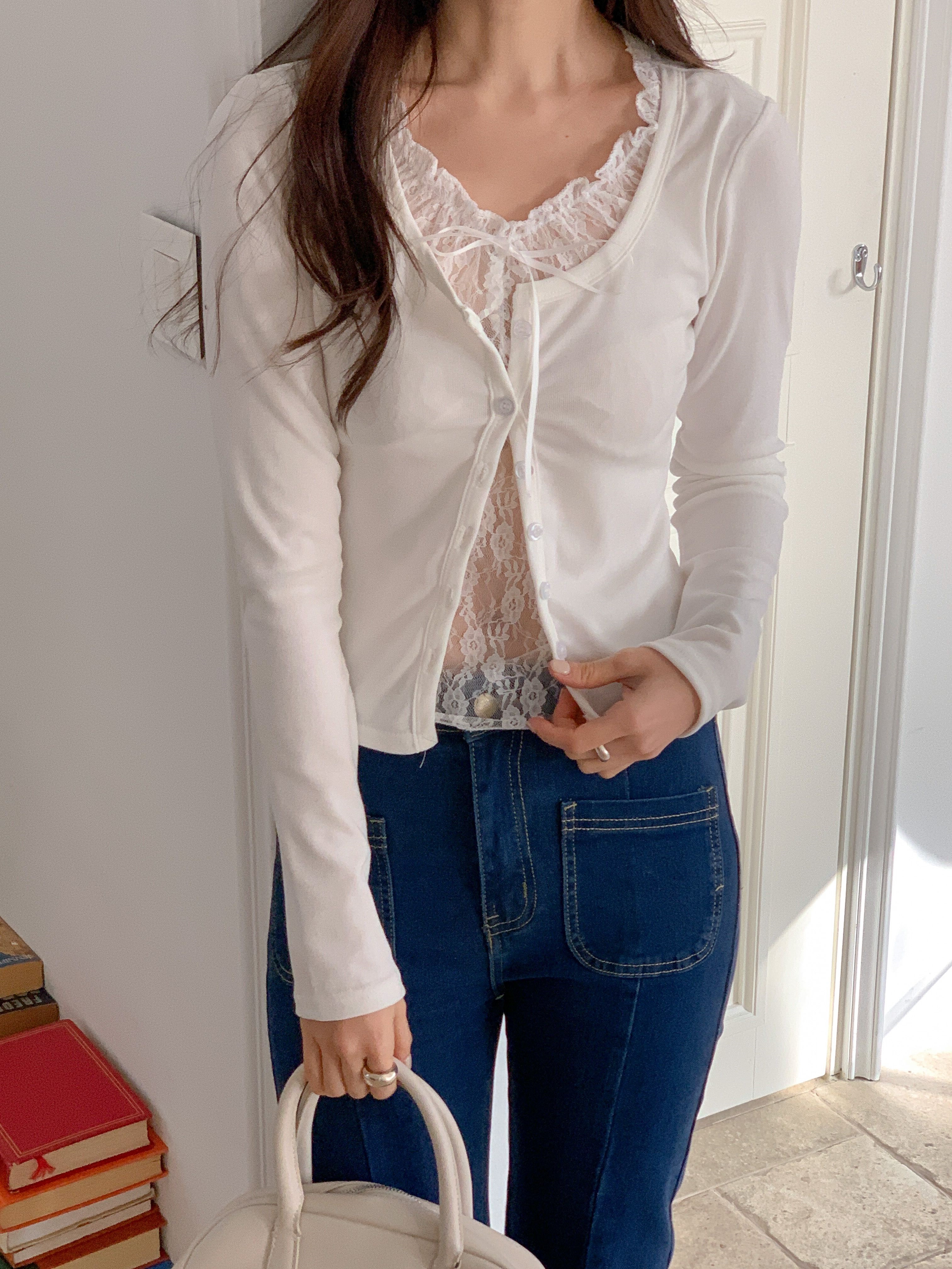 レースリボンボタンストラップUネックレイヤード風長袖ギャザーTシャツ | 詳細画像4