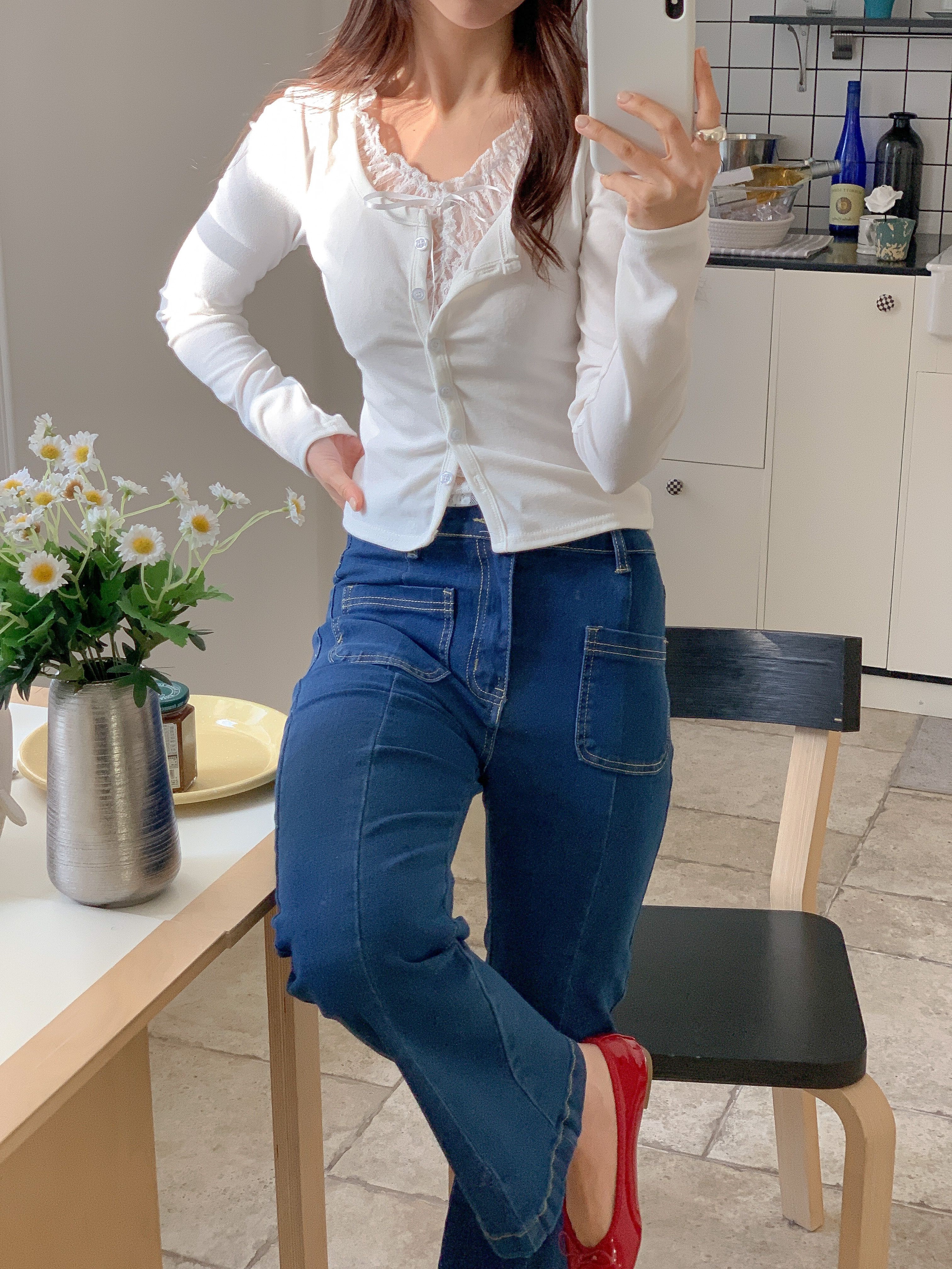 レースリボンボタンストラップUネックレイヤード風長袖ギャザーTシャツ | 詳細画像6