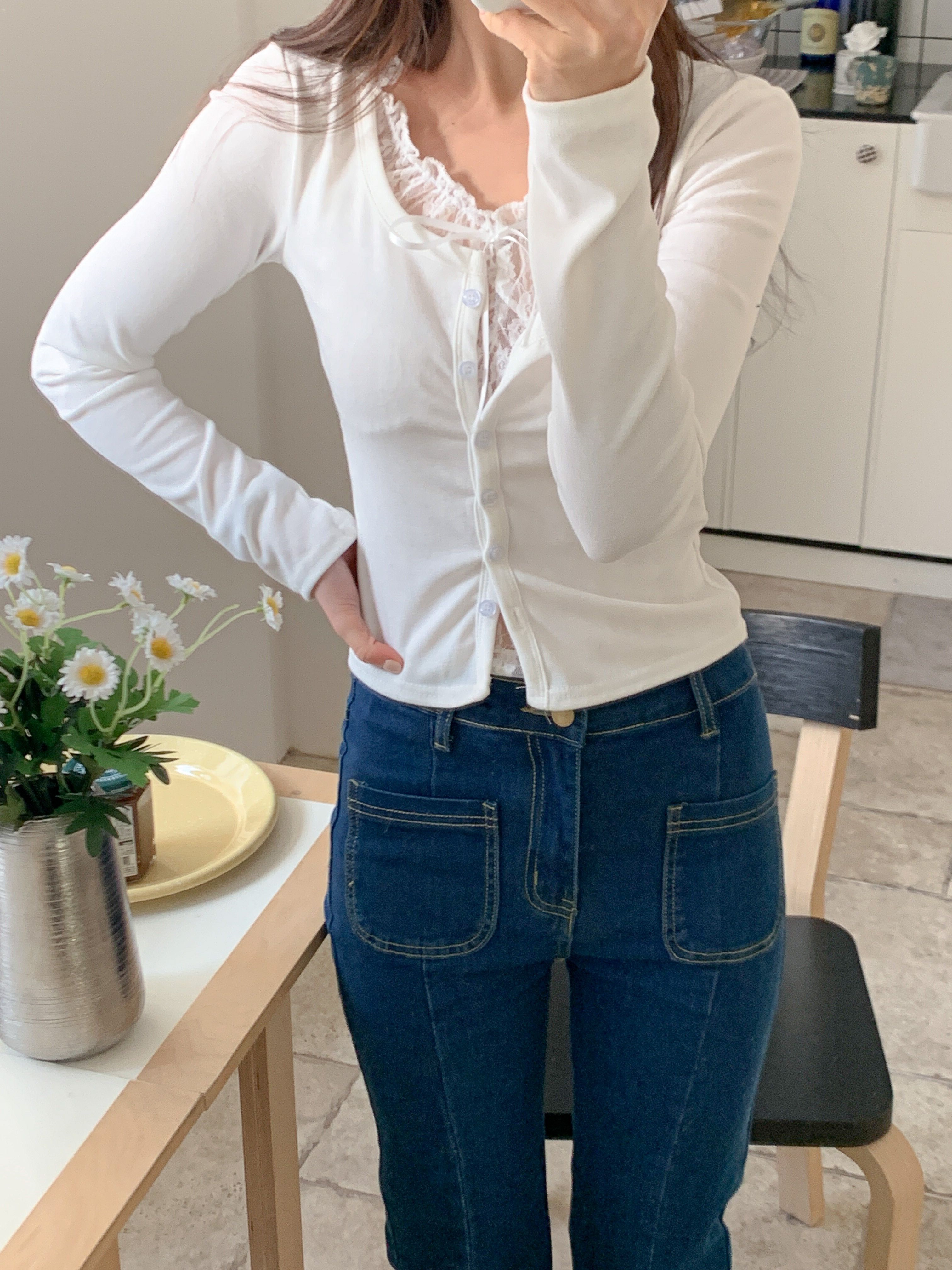 レースリボンボタンストラップUネックレイヤード風長袖ギャザーTシャツ | 詳細画像8