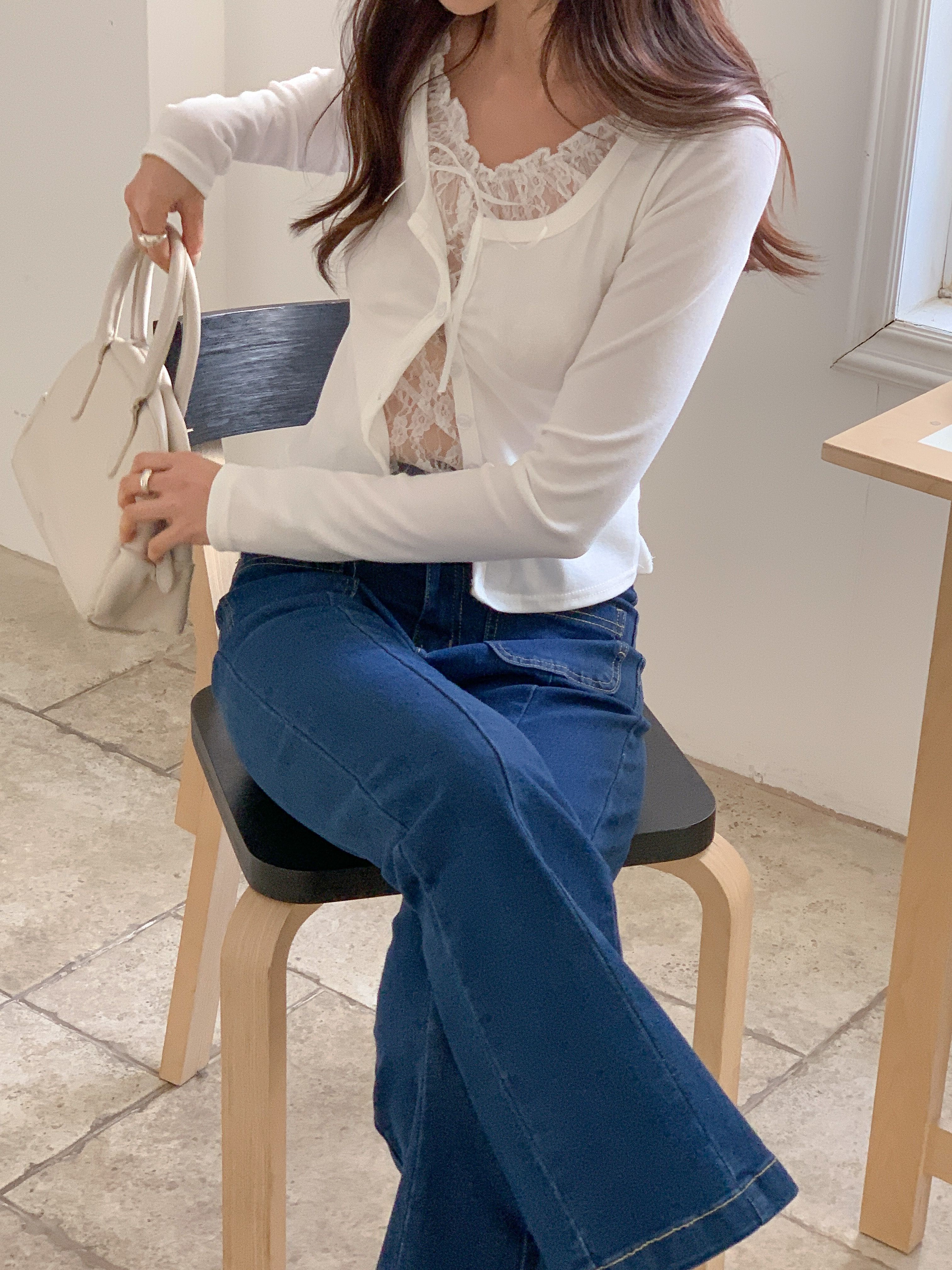 レースリボンボタンストラップUネックレイヤード風長袖ギャザーTシャツ | 詳細画像9