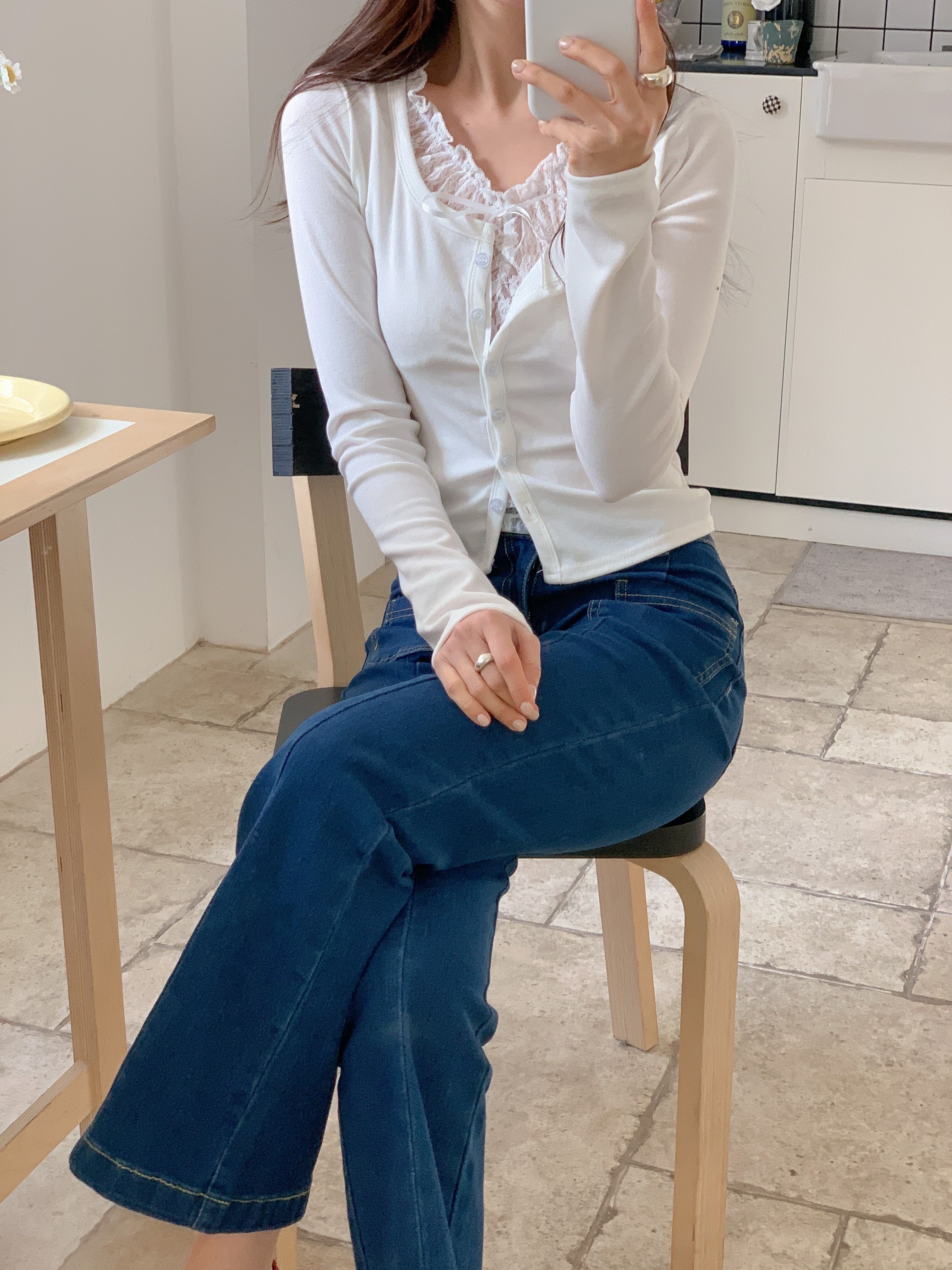 レースリボンボタンストラップUネックレイヤード風長袖ギャザーTシャツ | 詳細画像10