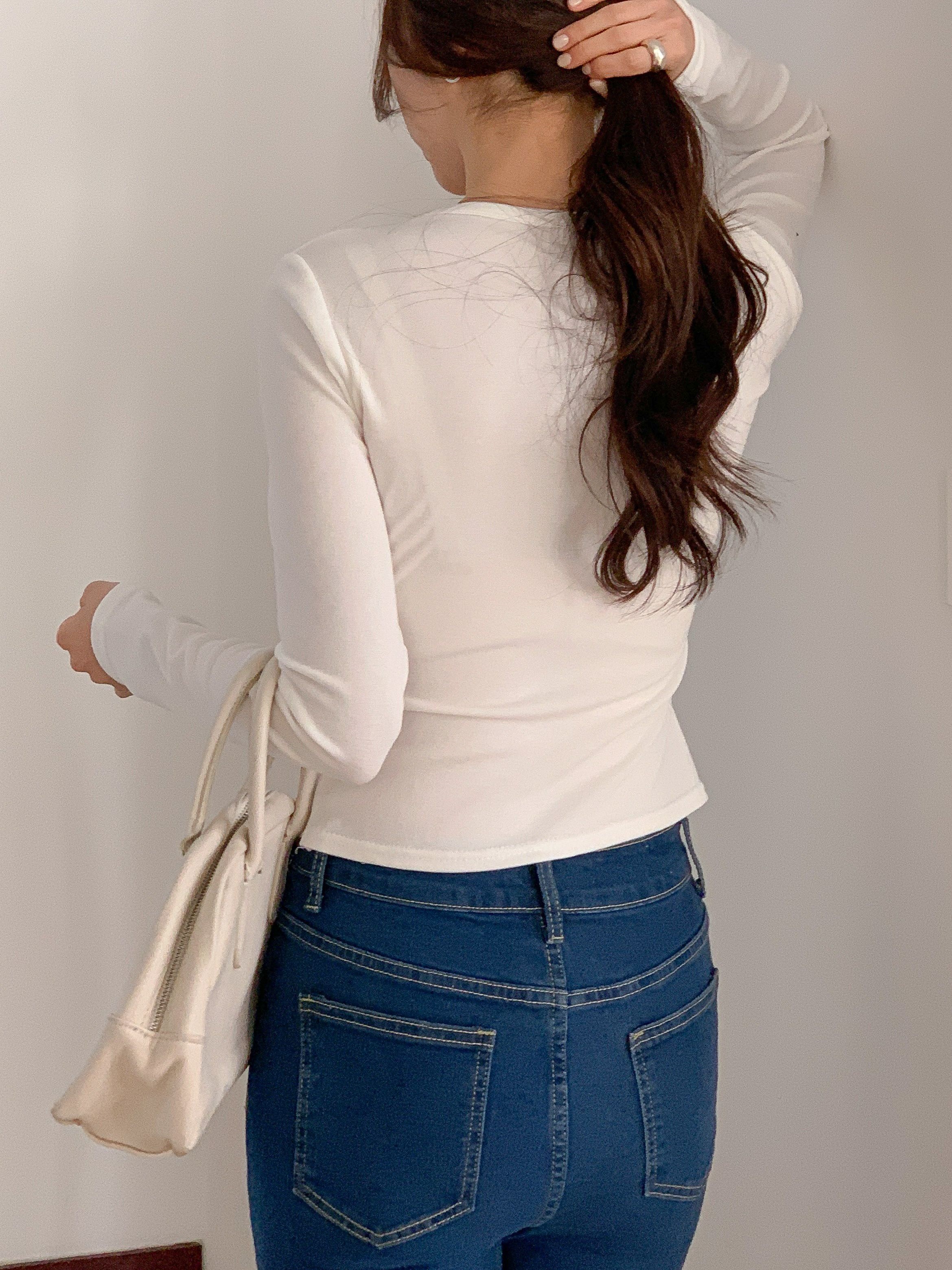 レースリボンボタンストラップUネックレイヤード風長袖ギャザーTシャツ | 詳細画像13