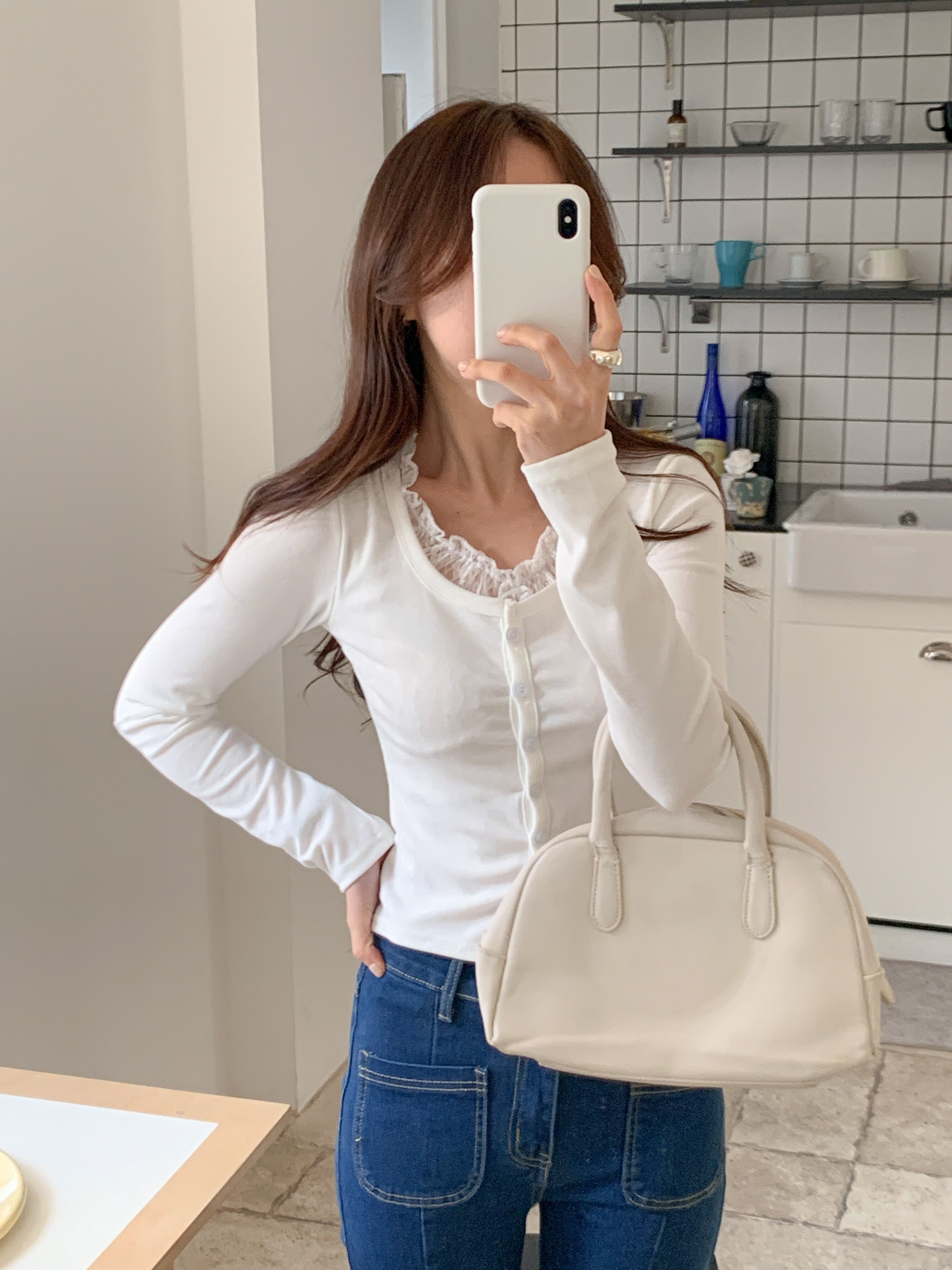 レースリボンボタンストラップUネックレイヤード風長袖ギャザーTシャツ | 詳細画像16