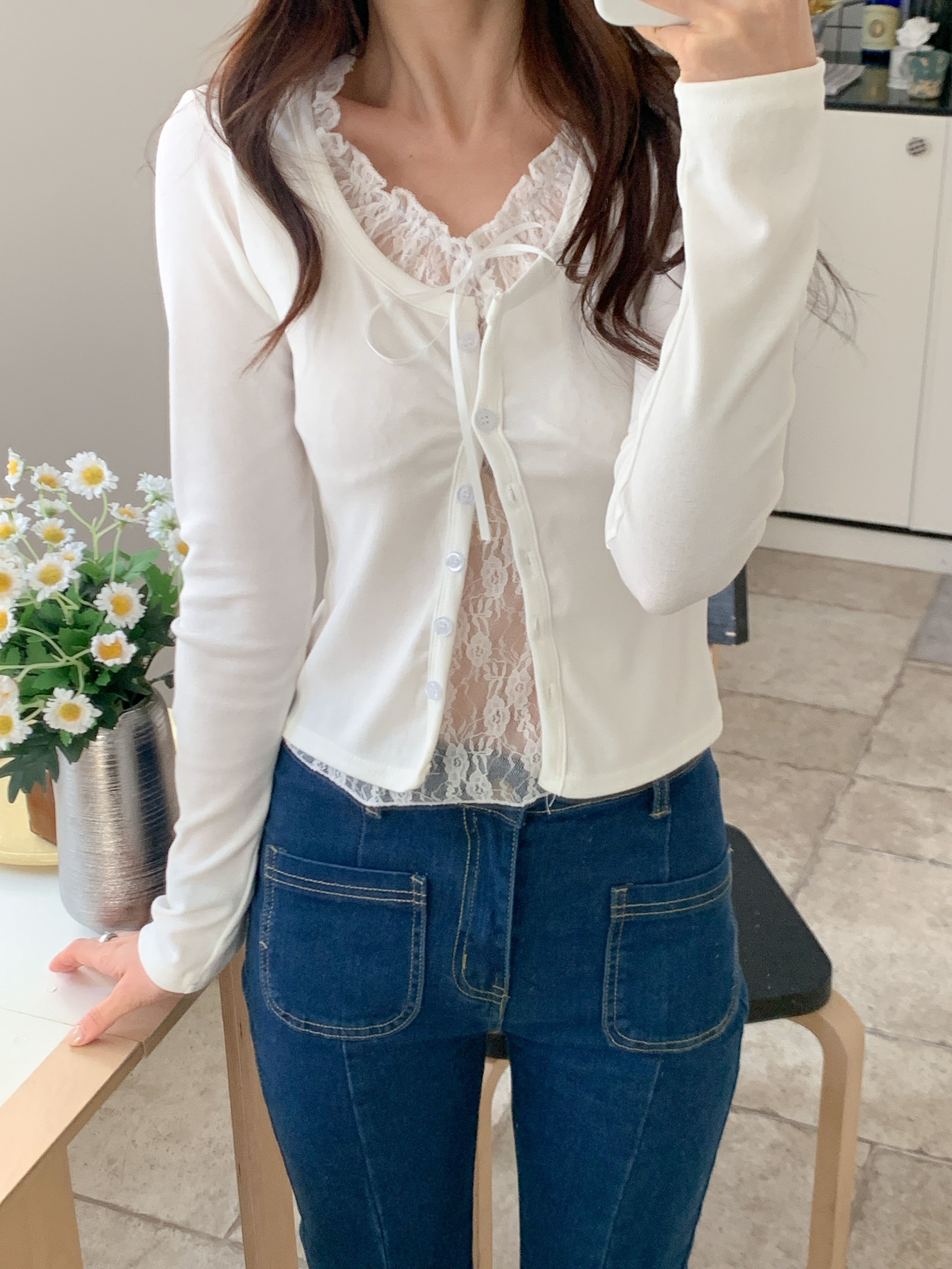 レースリボンボタンストラップUネックレイヤード風長袖ギャザーTシャツ | 詳細画像17