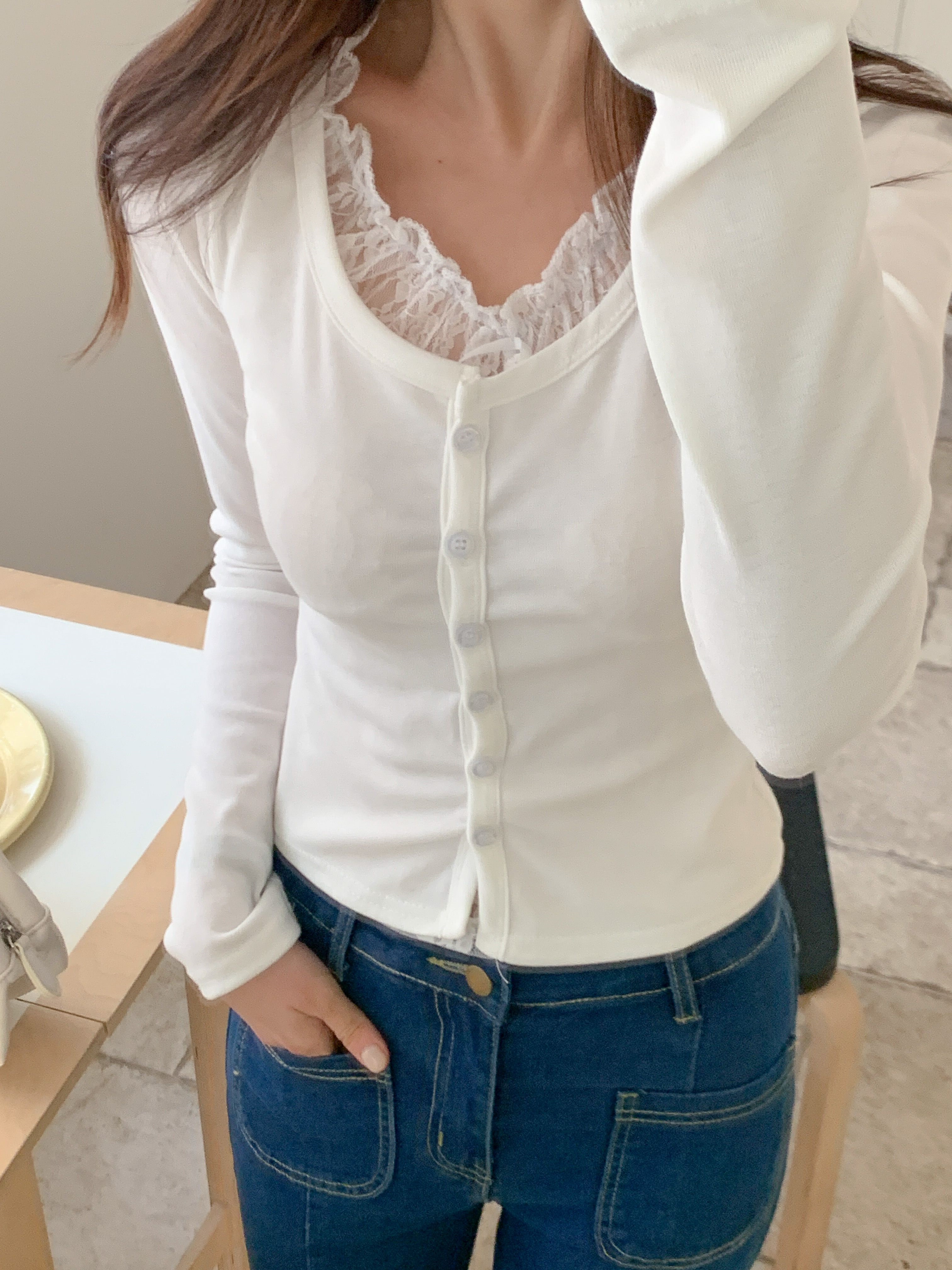 レースリボンボタンストラップUネックレイヤード風長袖ギャザーTシャツ | 詳細画像18