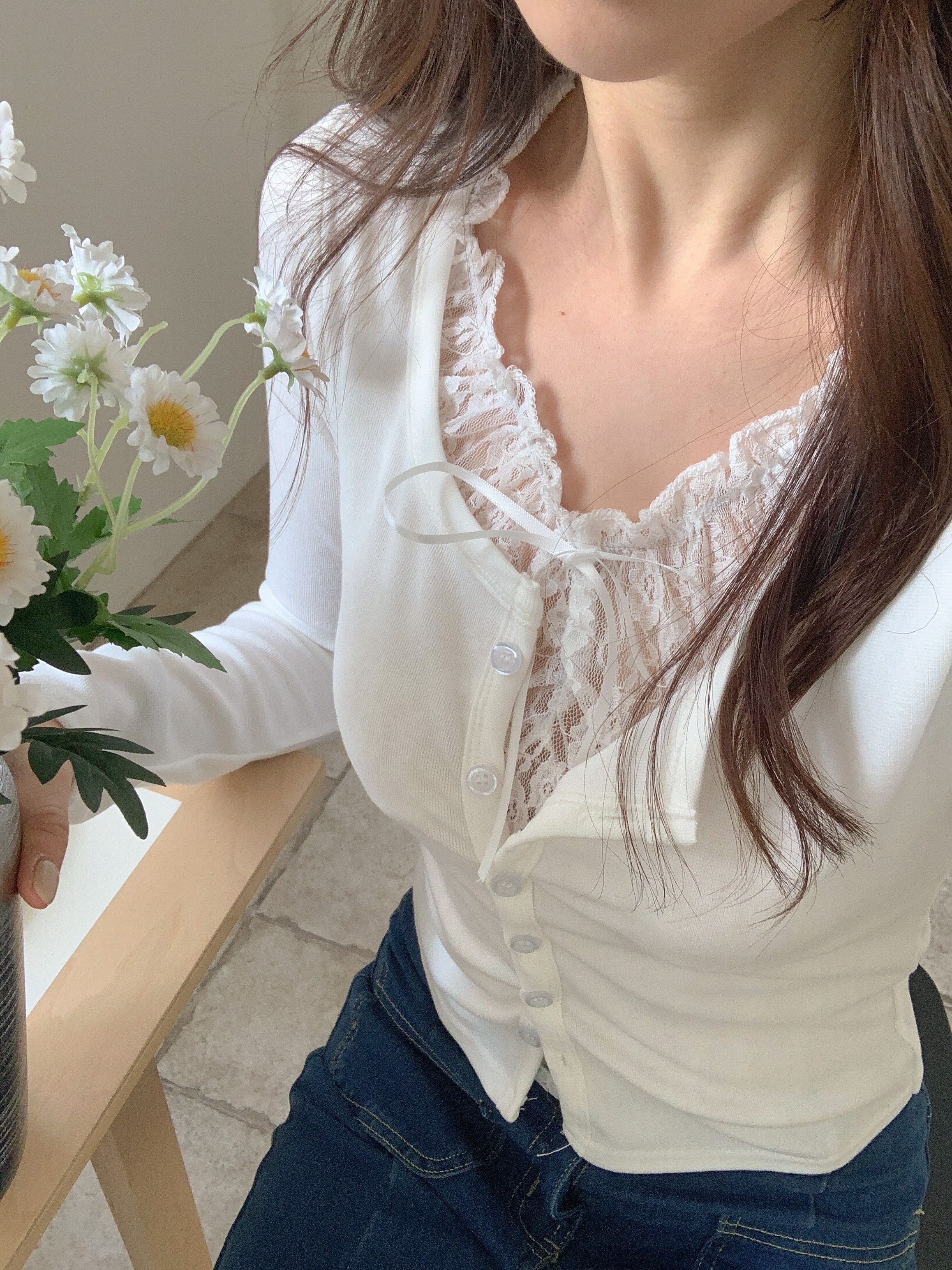 レースリボンボタンストラップUネックレイヤード風長袖ギャザーTシャツ | 詳細画像19