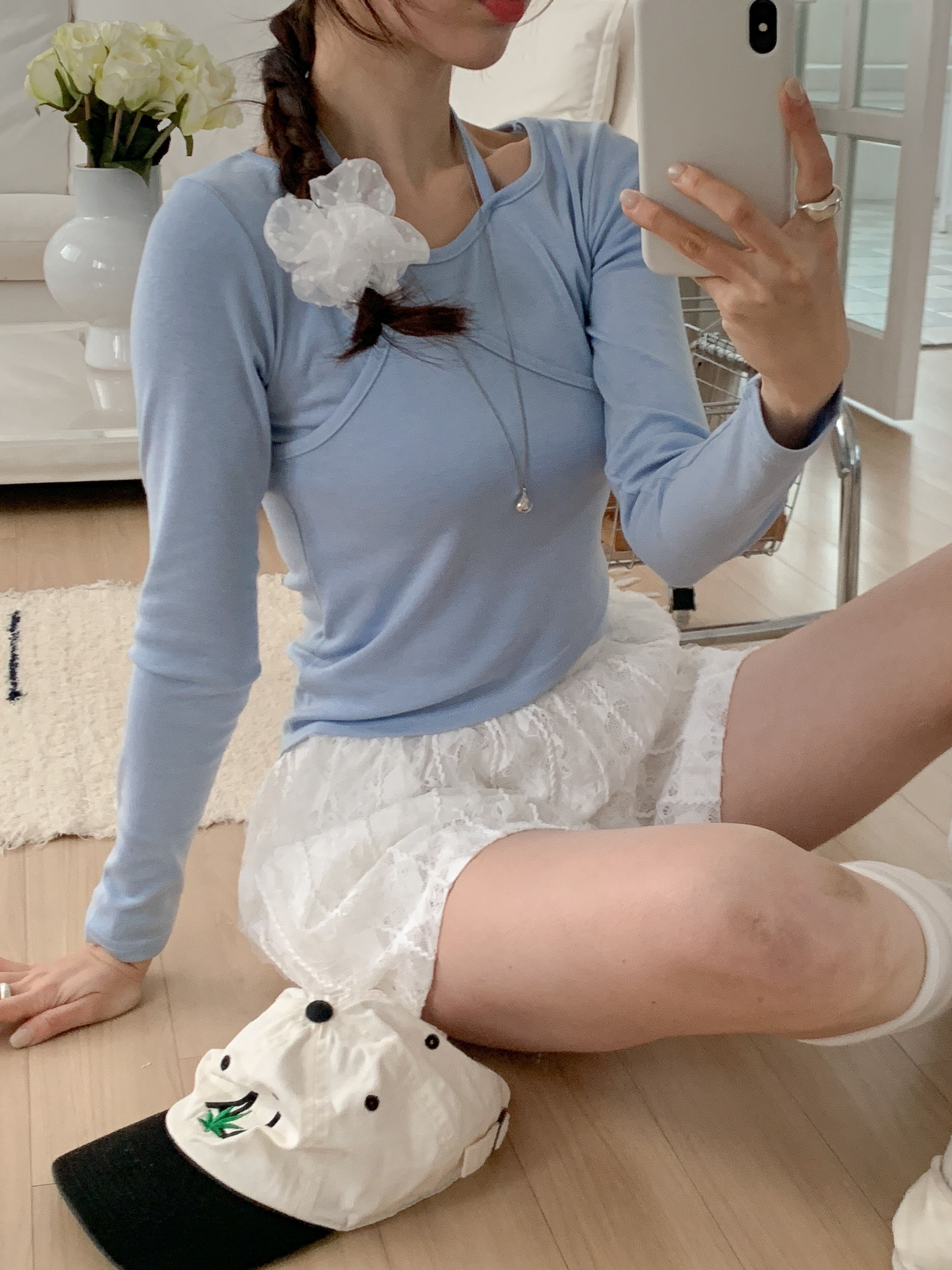 ラウンドネックスリムアンバランス長袖セミクロップド無地Tシャツ | 詳細画像5