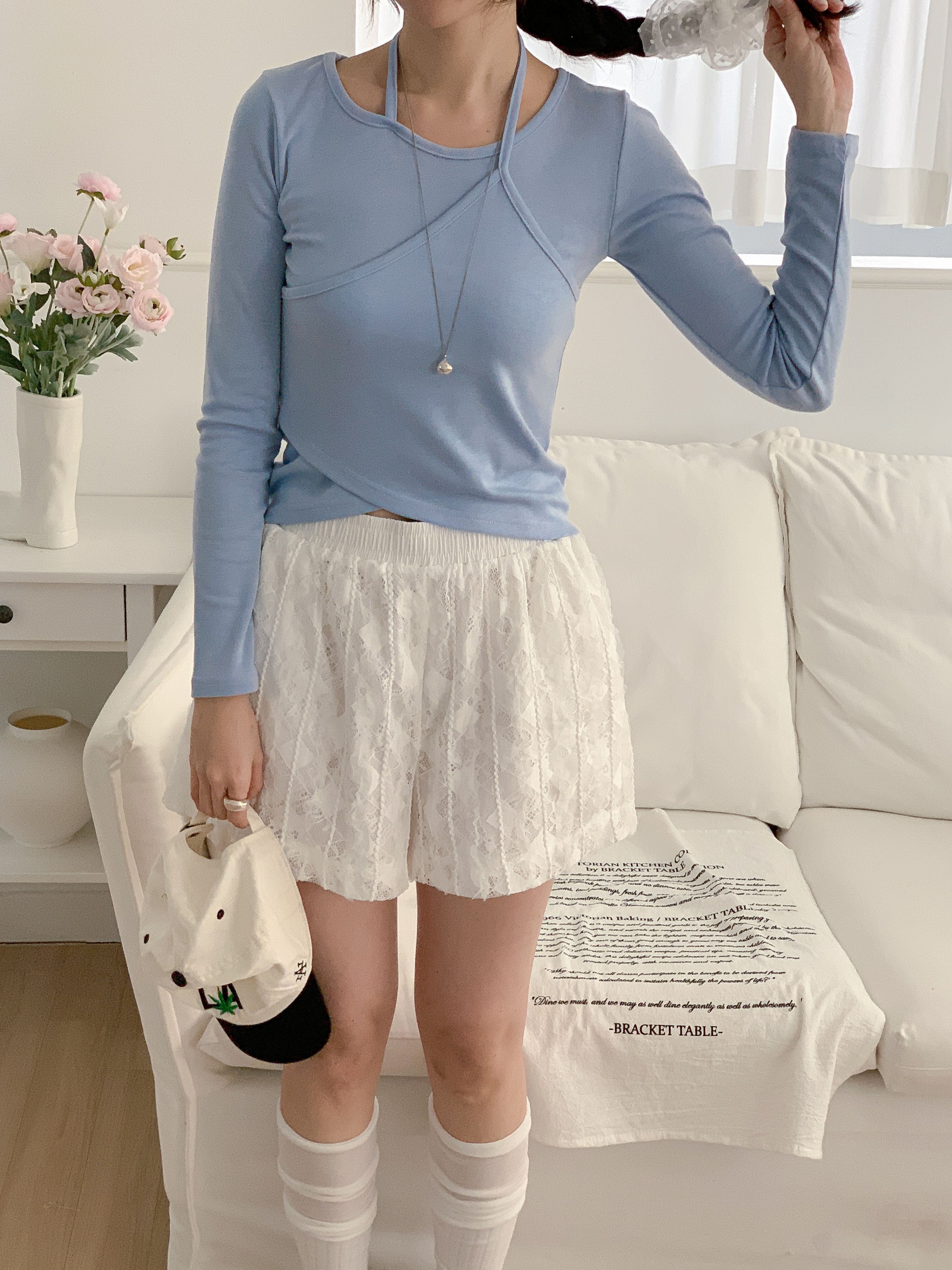 ラウンドネックスリムアンバランス長袖セミクロップド無地Tシャツ | 詳細画像6