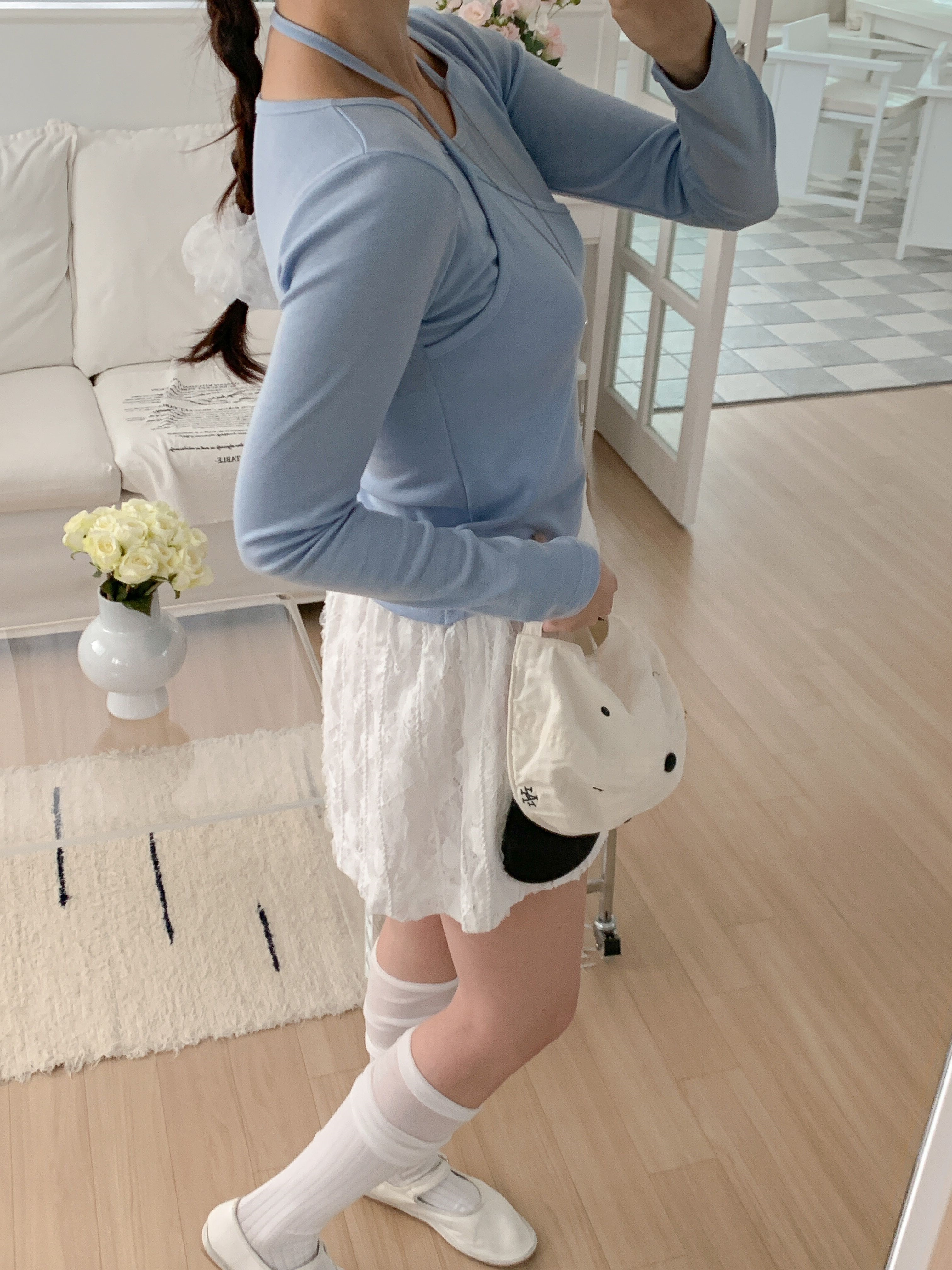 ラウンドネックスリムアンバランス長袖セミクロップド無地Tシャツ | 詳細画像7