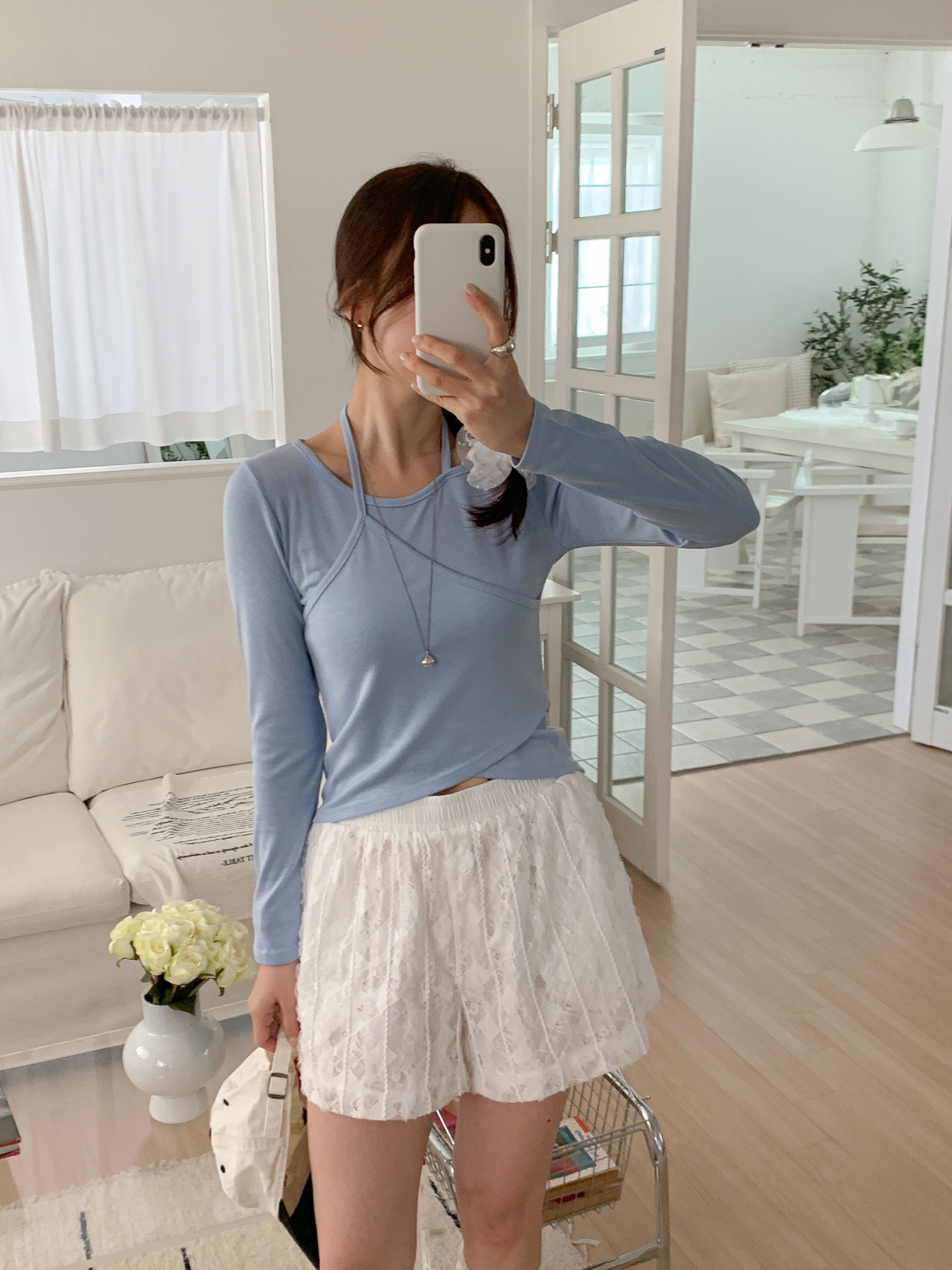 ラウンドネックスリムアンバランス長袖セミクロップド無地Tシャツ | 詳細画像12